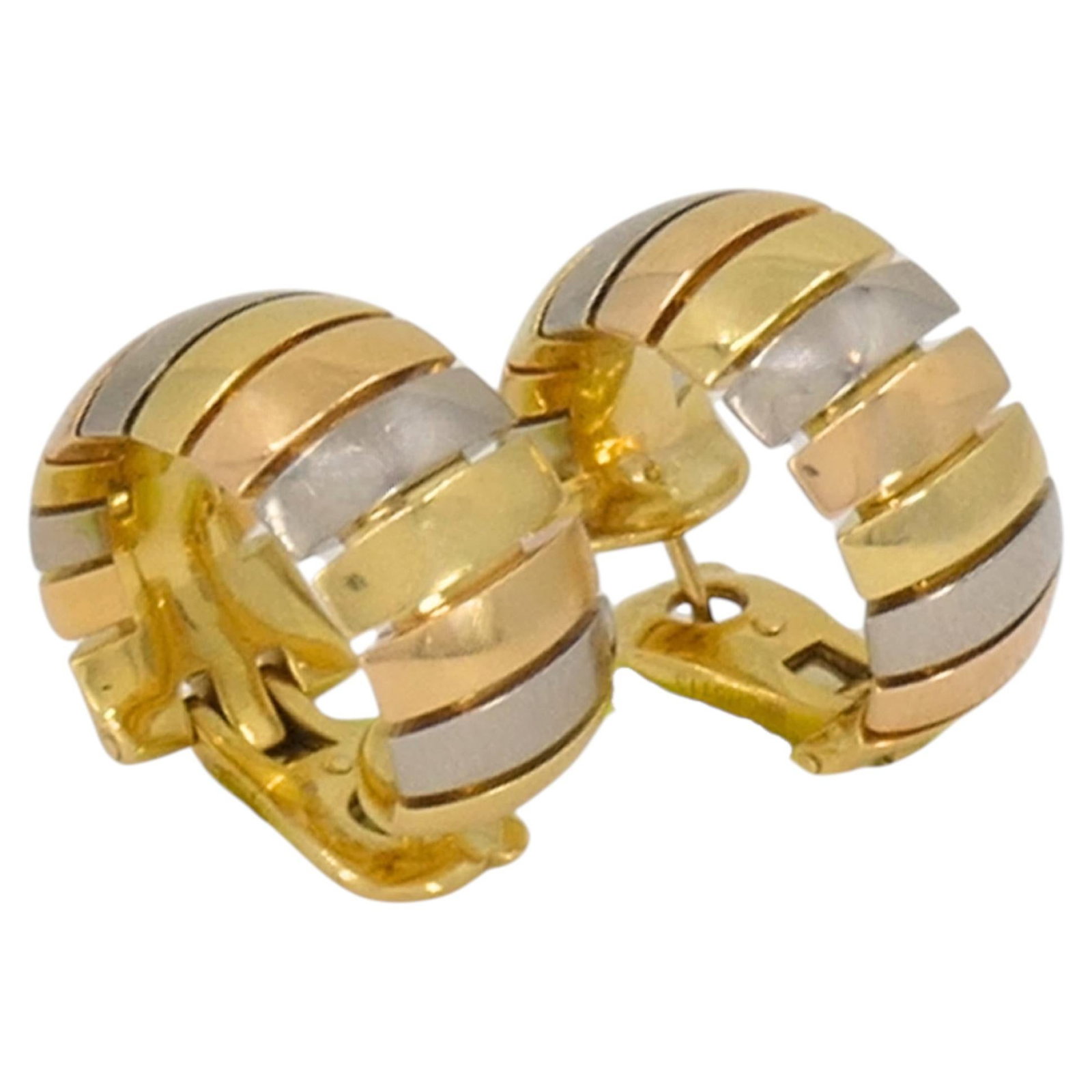 Cartier Tubogas Tri Color 18k Gold Hoop Earrings Pair: Cartier Tubogas Tri Color 18k Gold Hoop Earrings Pair A pair of Cartier hoop earrings featuring the iconic tubogas design. Crafted in 18k tri-color gold, they combine yellow, white, and rose tones wit
