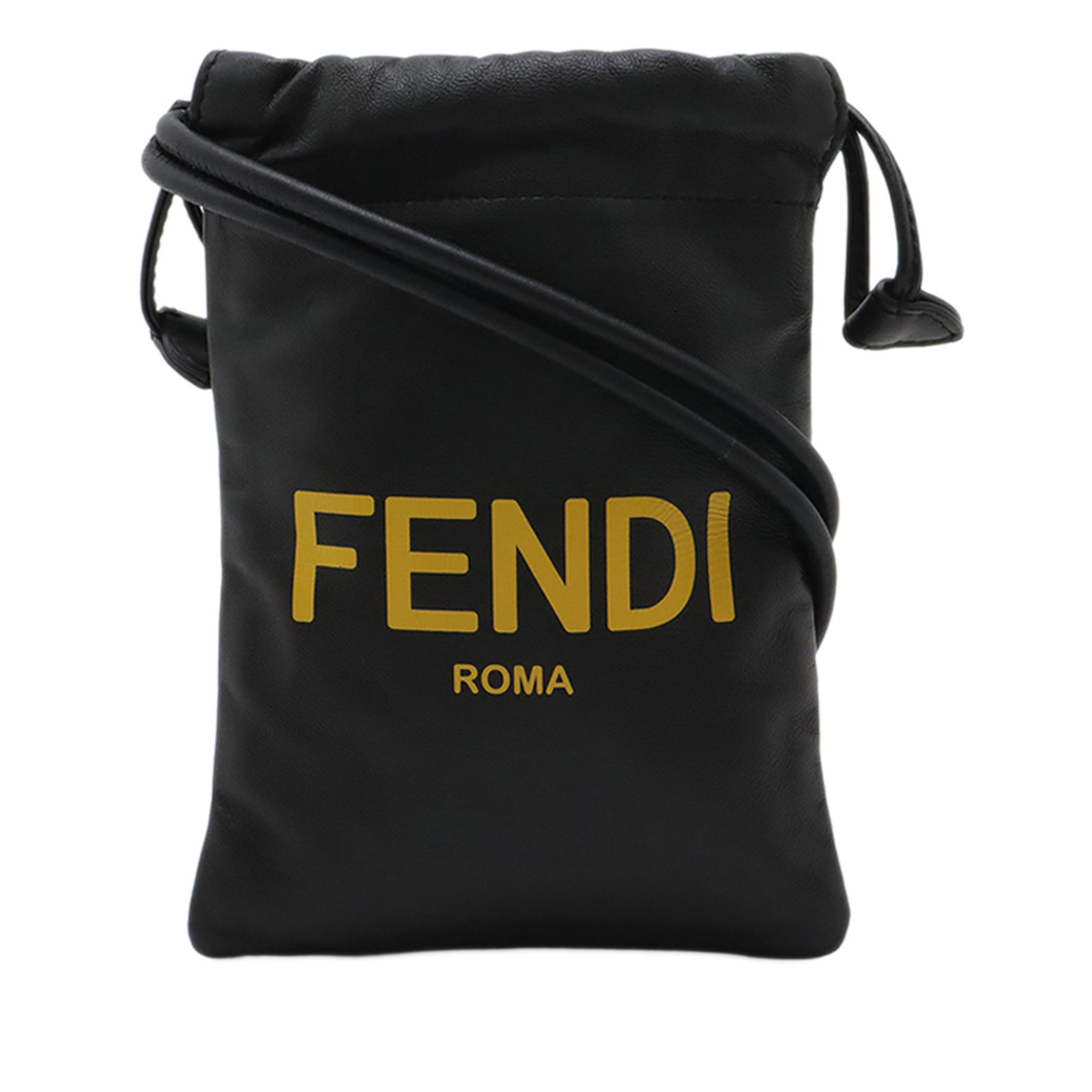 Fendi Nappa Logo leather neck phone pouch black: Fendi Nappa Logo leather neck phone pouch black Fendi Nappa Logo Neck Phone Pouch in black leather with a rolled leather strap and an open top with drawstring closure. Made in Italy. Condition is AB w