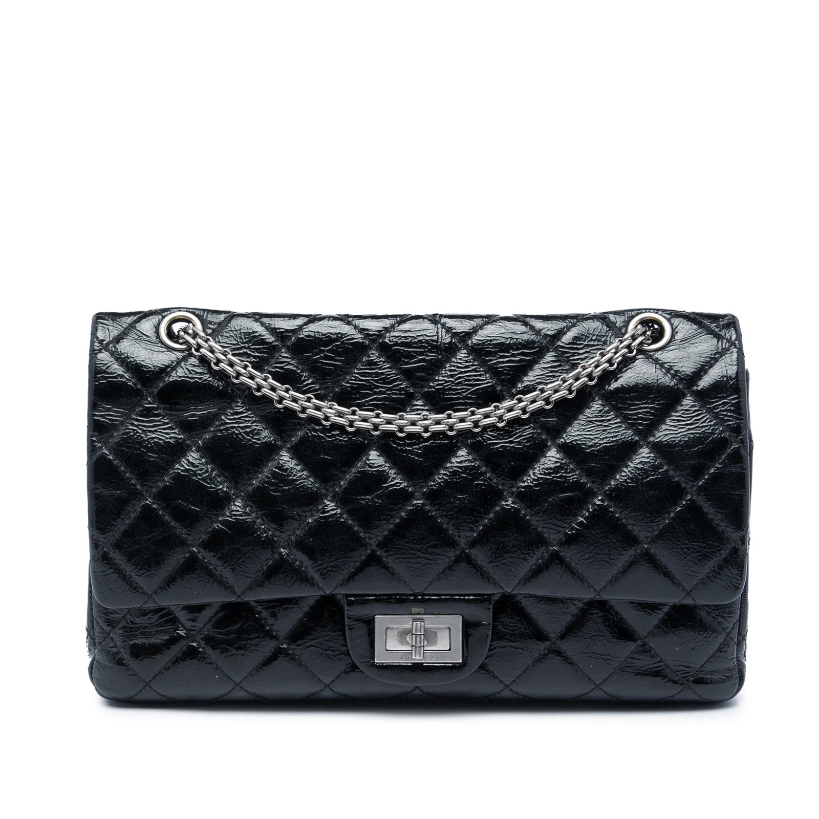 Chanel Reissue 2.55 227 quilted crinkled patent flap bag: Chanel Reissue 2.55 227 quilted crinkled patent flap bag Chanel Reissue 2.55 Double Flap 227 in black quilted crinkled patent leather. This bag features silver-tone chain straps, a front flap with twi