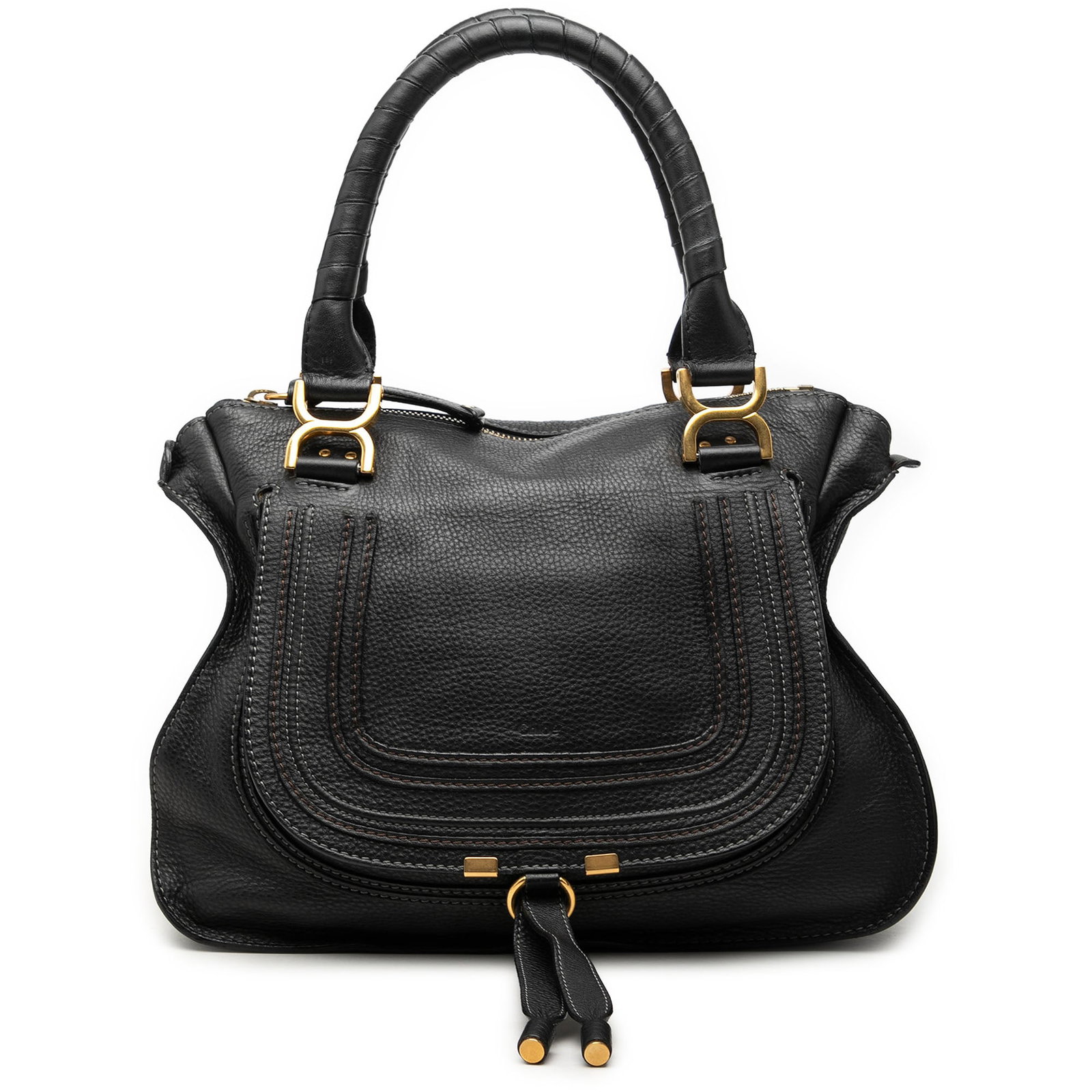 Chloe Marcie Medium Leather Satchel Bag Black: Chloe Marcie Medium Leather Satchel Bag Black Chloe Medium Leather Marcie Satchel in black leather with rolled leather handles, a top zip closure, an exterior front flap pocket, and interior zip and s