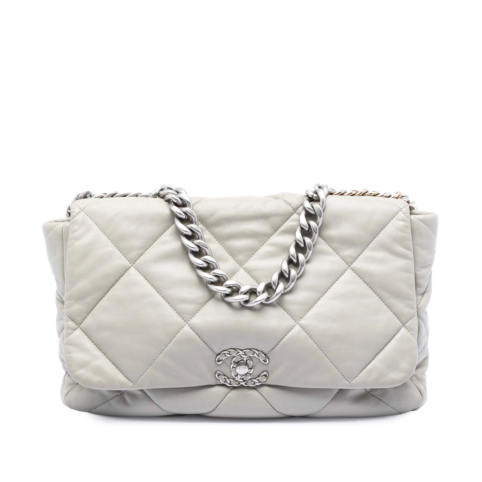 Chanel 19 Maxi Quilted Lambskin Flap Bag Gray Gold Chain: Chanel 19 Maxi Quilted Lambskin Flap Bag Gray Gold Chain This Chanel Maxi Lambskin 19 Flap bag showcases a quilted lambskin leather body in gray, complemented by a gold-tone chain handle and a woven l