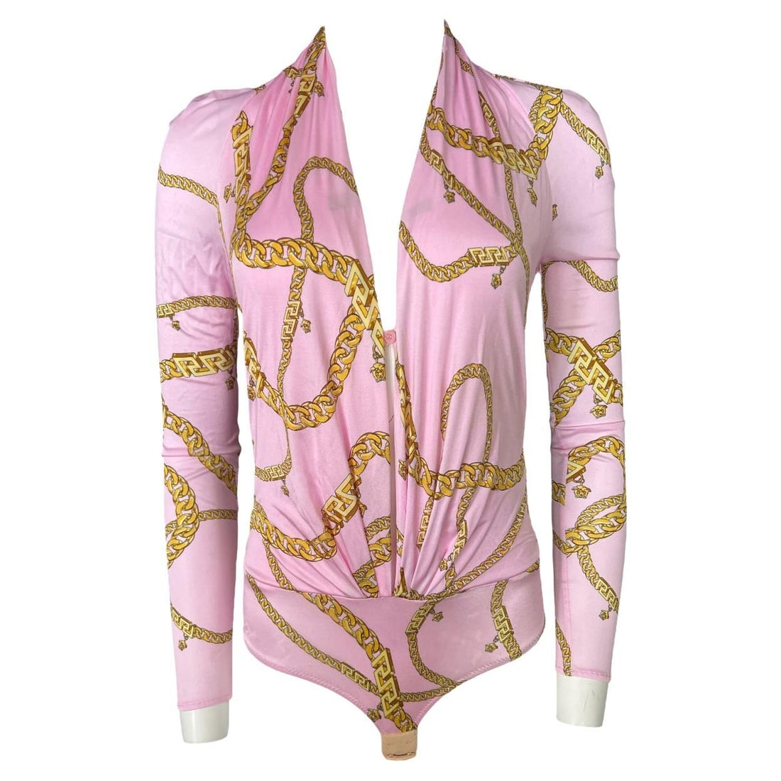 Versace Chain Print Viscose Bodysuit Pink Long Sleeve EU 42: Versace Chain Print Viscose Bodysuit Pink Long Sleeve EU 42 Pink Versace bodysuit with a chain print, long sleeves, and a deep V neckline. It features a hook closure and front button closure. The piec