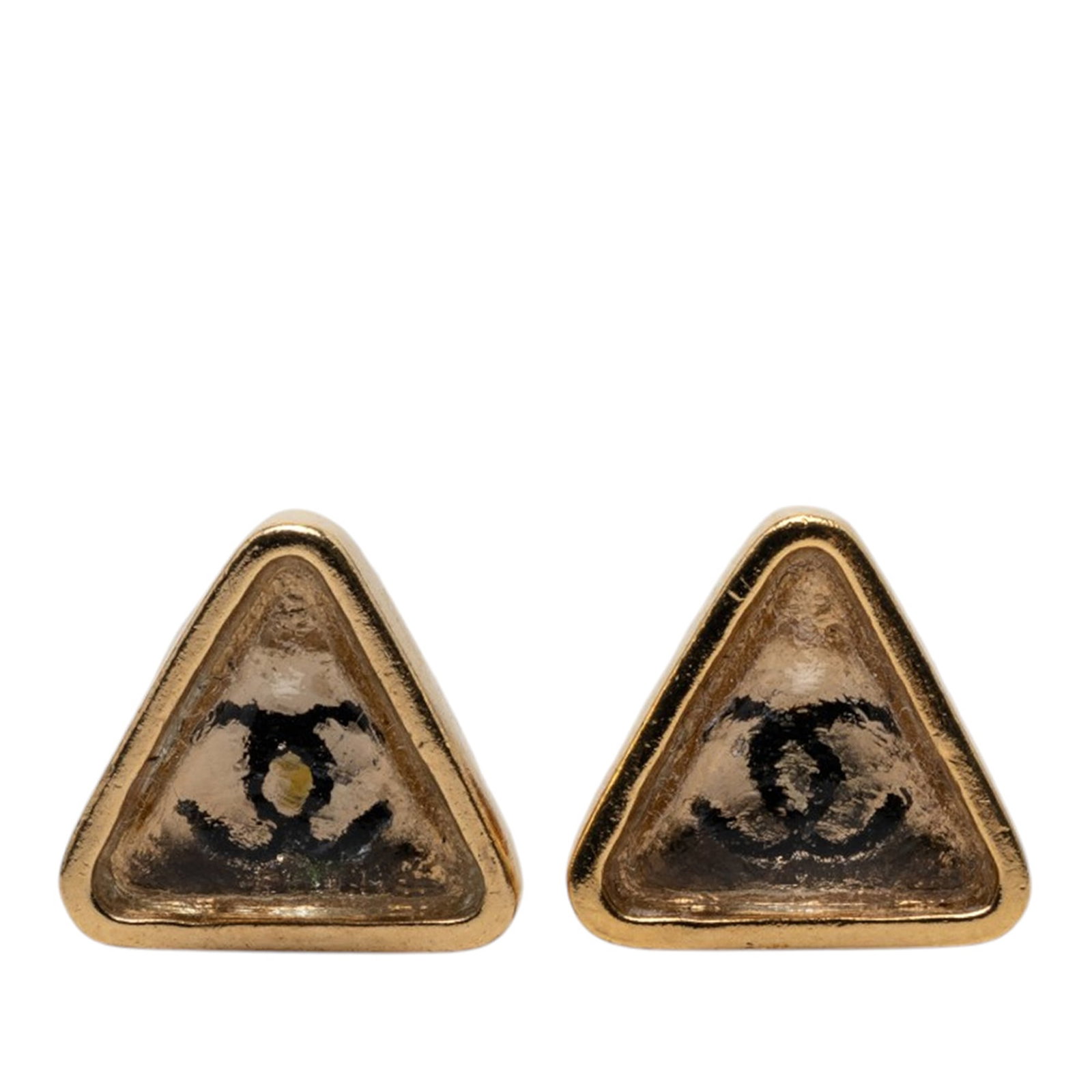 Chanel Gripoix Triangle Gold Plated Earrings: Chanel Gripoix Triangle Gold Plated Earrings These Chanel earrings feature a triangle design crafted from gold plated metal with gripoix accents. They are equipped with push back closures for secure w