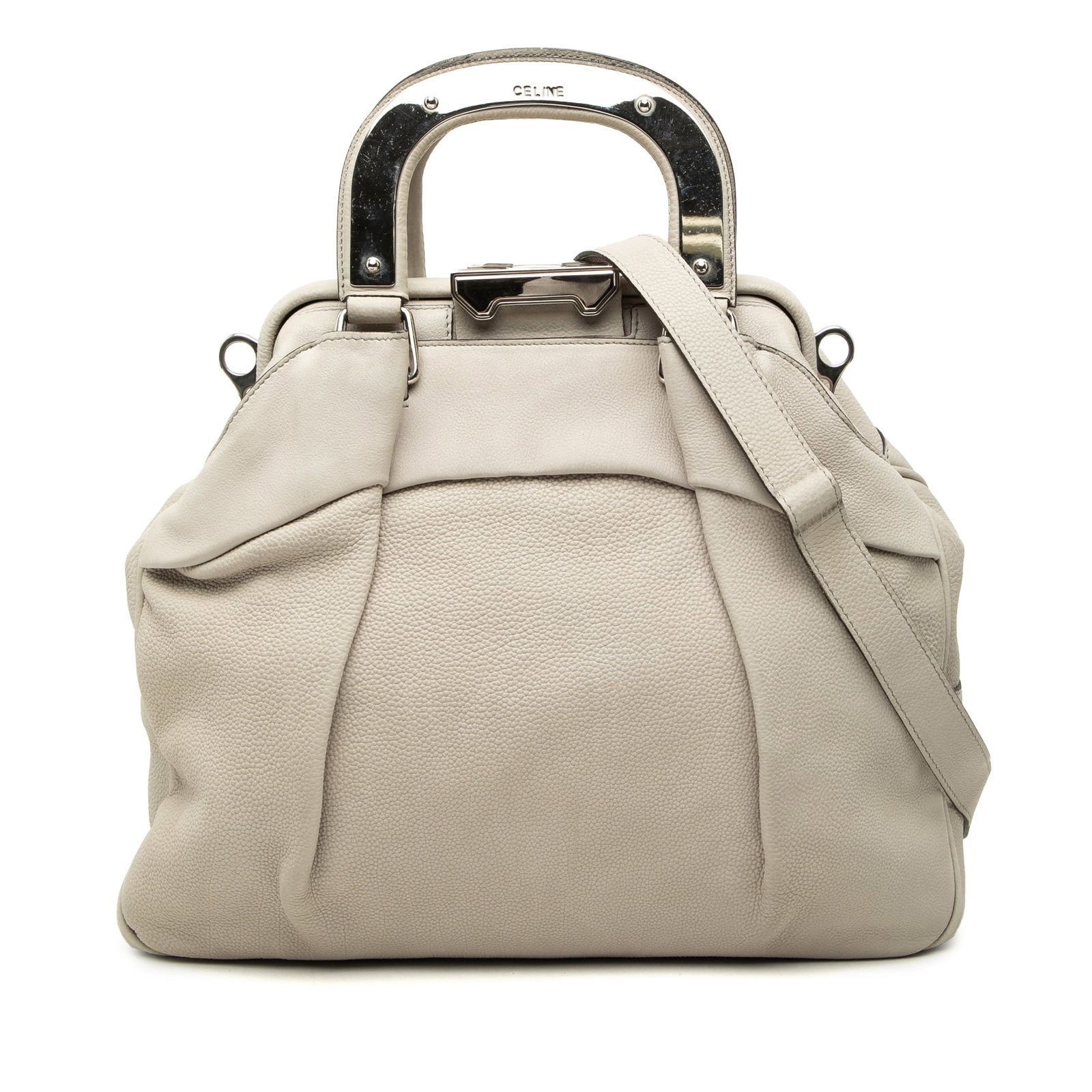 Celine Soft Frame Doctor Bag Gray Grained Calfskin Leather: Celine Soft Frame Doctor Bag Gray Grained Calfskin Leather Celine Grained Calfskin Soft Frame Doctor Bag satchel in gray leather, made in Italy. It features a metal top handle, a detachable flat strap