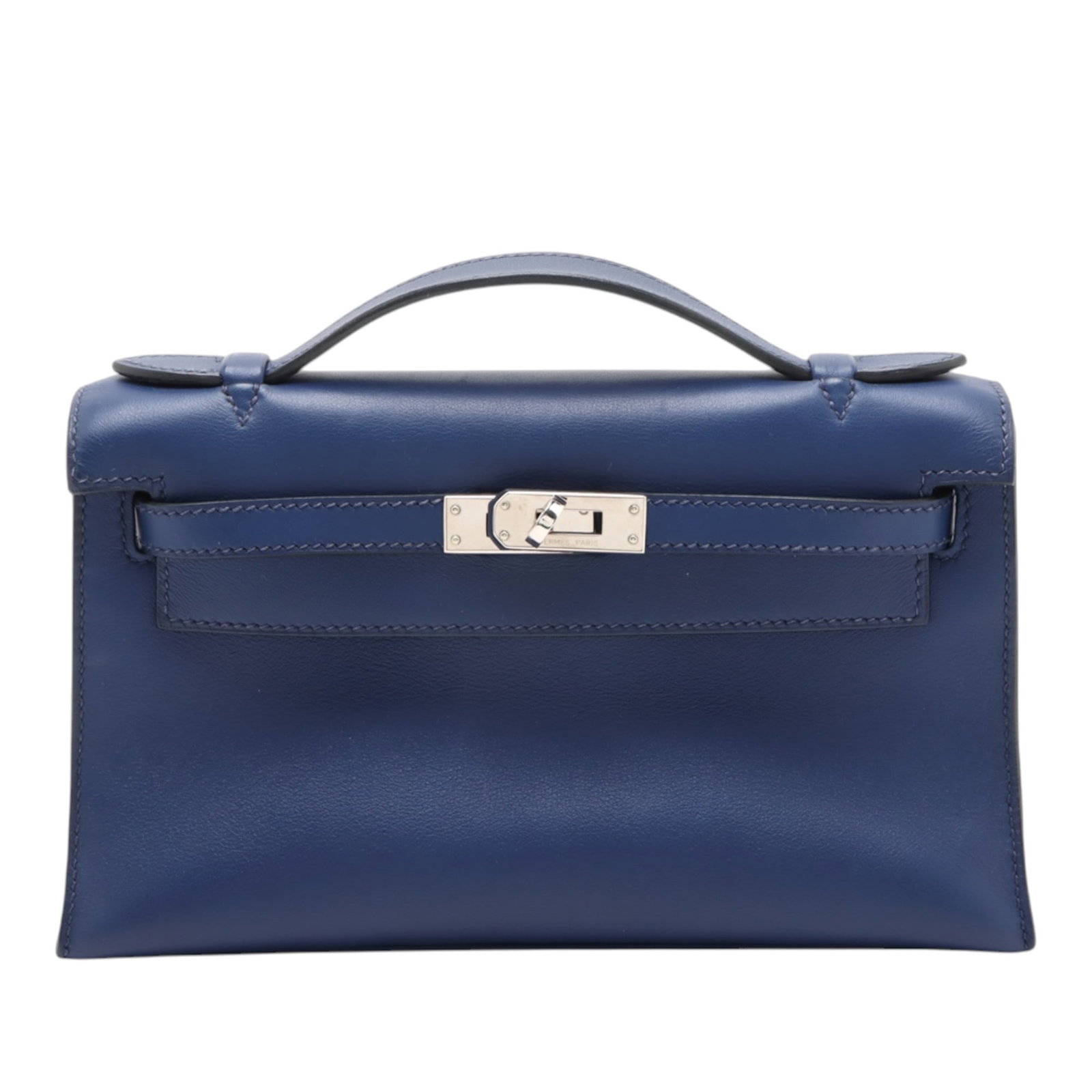 Hermes Kelly Pochette 22 Swift Leather Clutch Blue Saphir: Hermes Kelly Pochette 22 Swift Leather Clutch Blue Saphir This Hermes Kelly Pochette 22 is crafted in Blue Saphir Swift leather with a structured silhouette, a flat leather handle, and a front flap wi