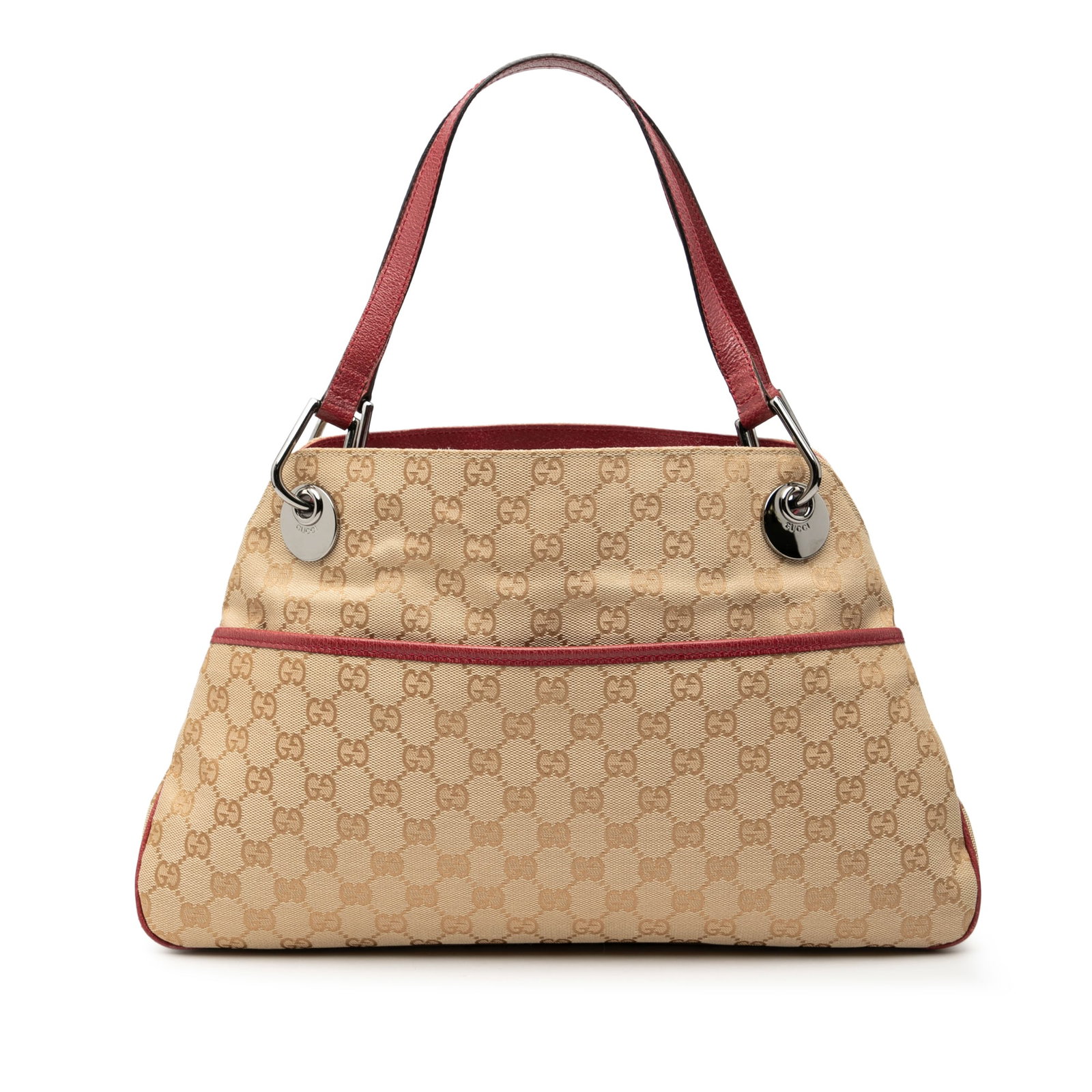 Gucci Eclipse Beige Canvas Shoulder Bag with Leather Trim: Gucci Eclipse Beige Canvas Shoulder Bag with Leather Trim The Gucci GG Canvas Eclipse Shoulder Bag features a beige canvas body with leather trim, an exterior front slip pocket, flat leather straps, a