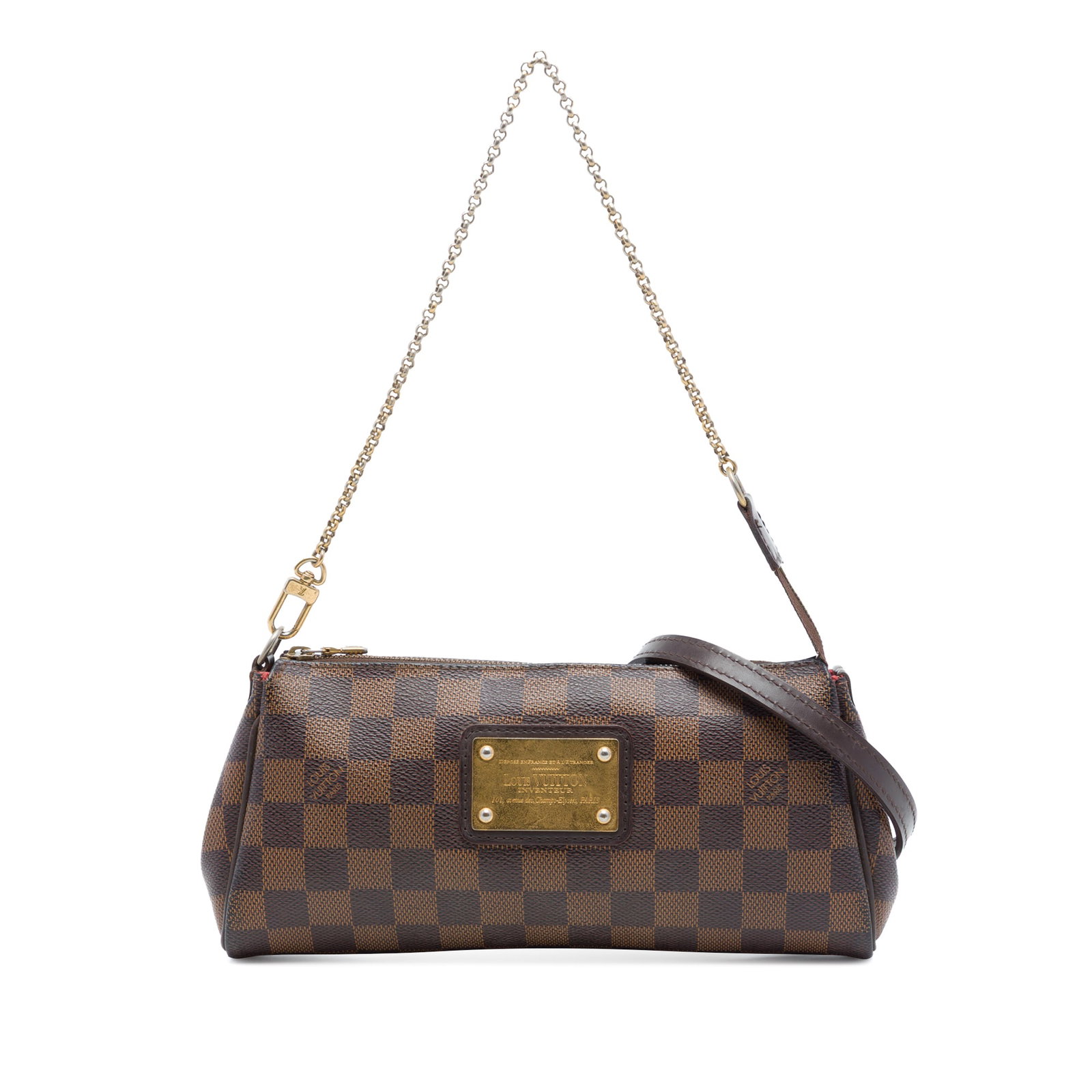 Louis Vuitton Eva shoulder bag in Damier Ebene canvas: Louis Vuitton Eva shoulder bag in Damier Ebene canvas Louis Vuitton Damier Ebene Eva bag with a damier canvas body, gold-tone chain strap, detachable leather shoulder strap, and top zip closure. Made 