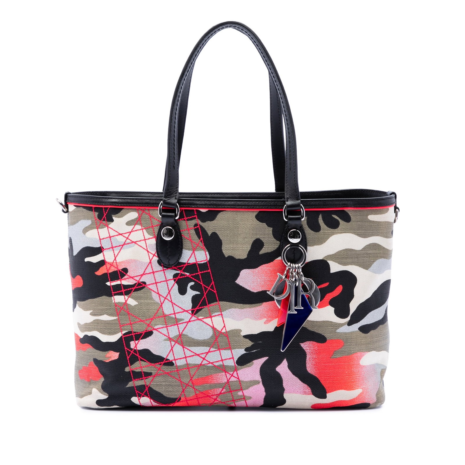 Dior Anselm Reyle Medium Tote in Camouflage Canvas: Dior Anselm Reyle Medium Tote in Camouflage Canvas Dior Anselm Reyle Medium Canvas Camouflage Tote in gray, made in Italy. This bag features a canvas body with leather trim, flat leather straps, an op