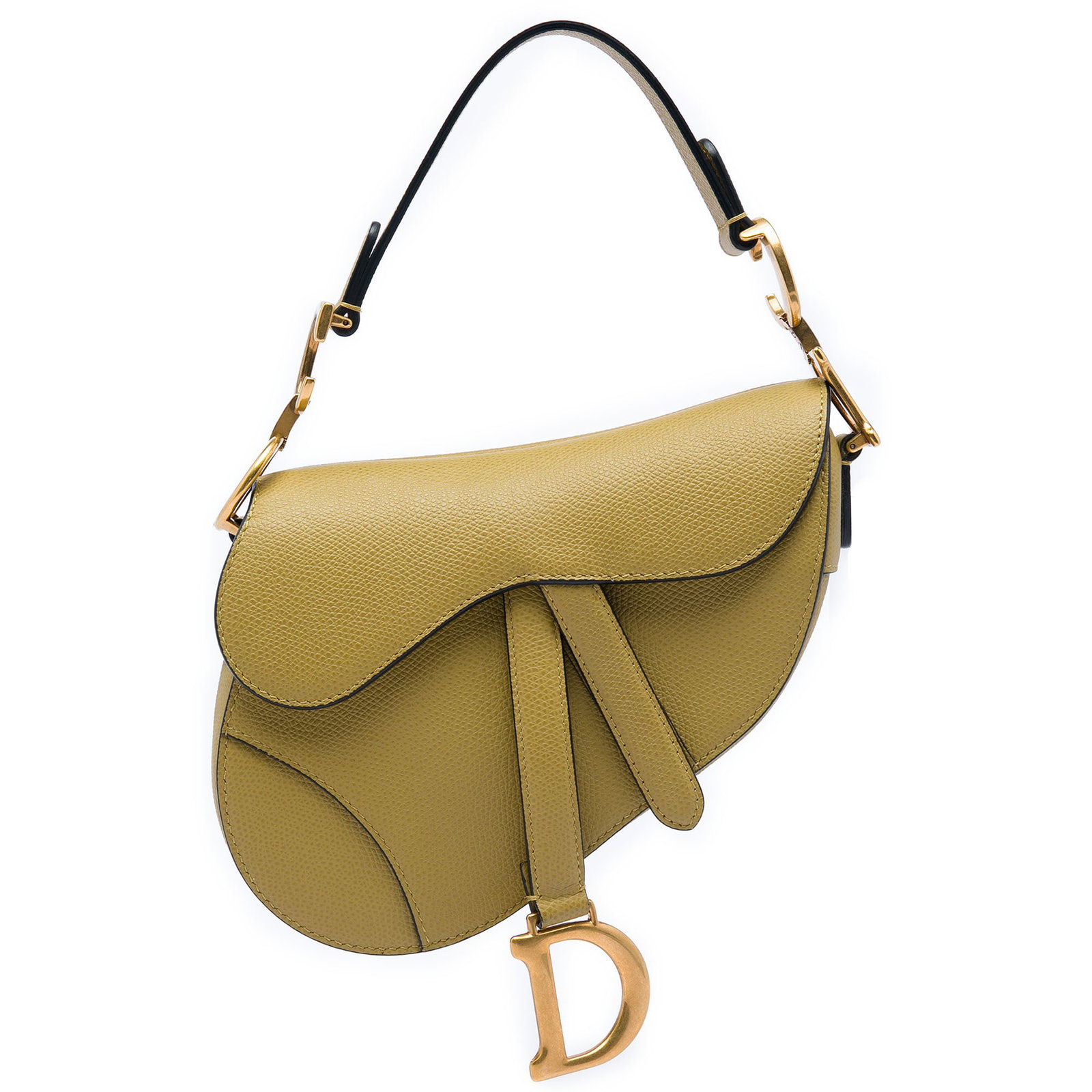 Dior Saddle Bag Mini Grained Calfskin Leather Green: Dior Saddle Bag Mini Grained Calfskin Leather Green Mini Saddle bag in grained calfskin with a leather body, flat leather handle, and front flap with magnetic snap closure. The bag is green and made i
