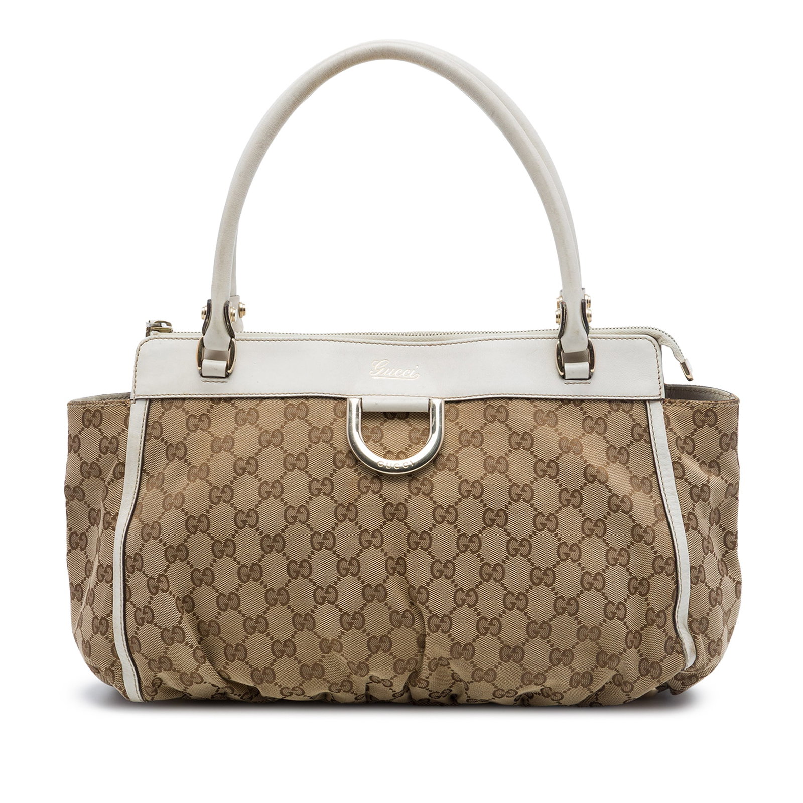 Gucci Abbey D Ring Tote Beige GG Canvas Leather Trim: Gucci Abbey D Ring Tote Beige GG Canvas Leather Trim Gucci GG Canvas Abbey D Ring Tote in beige fabric with leather trim and rolled leather straps. The bag features a top zip closure and an interior w
