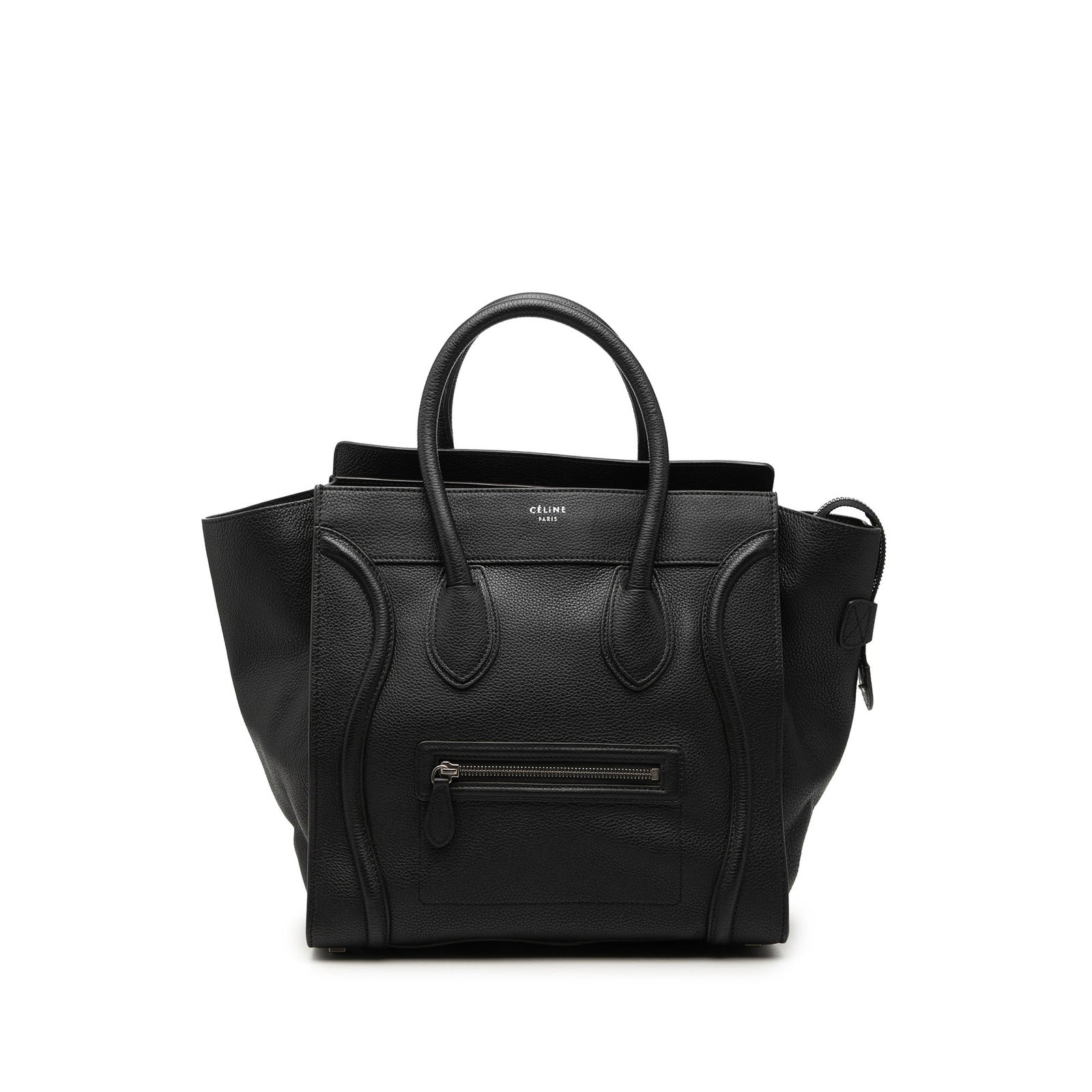 Celine Mini Luggage Tote in Black Grained Calfskin Leather: Celine Mini Luggage Tote in Black Grained Calfskin Leather Celine Mini Grained Calfskin Luggage Tote in black leather with rolled top handles, a top zip closure, an exterior front zip pocket, and inte