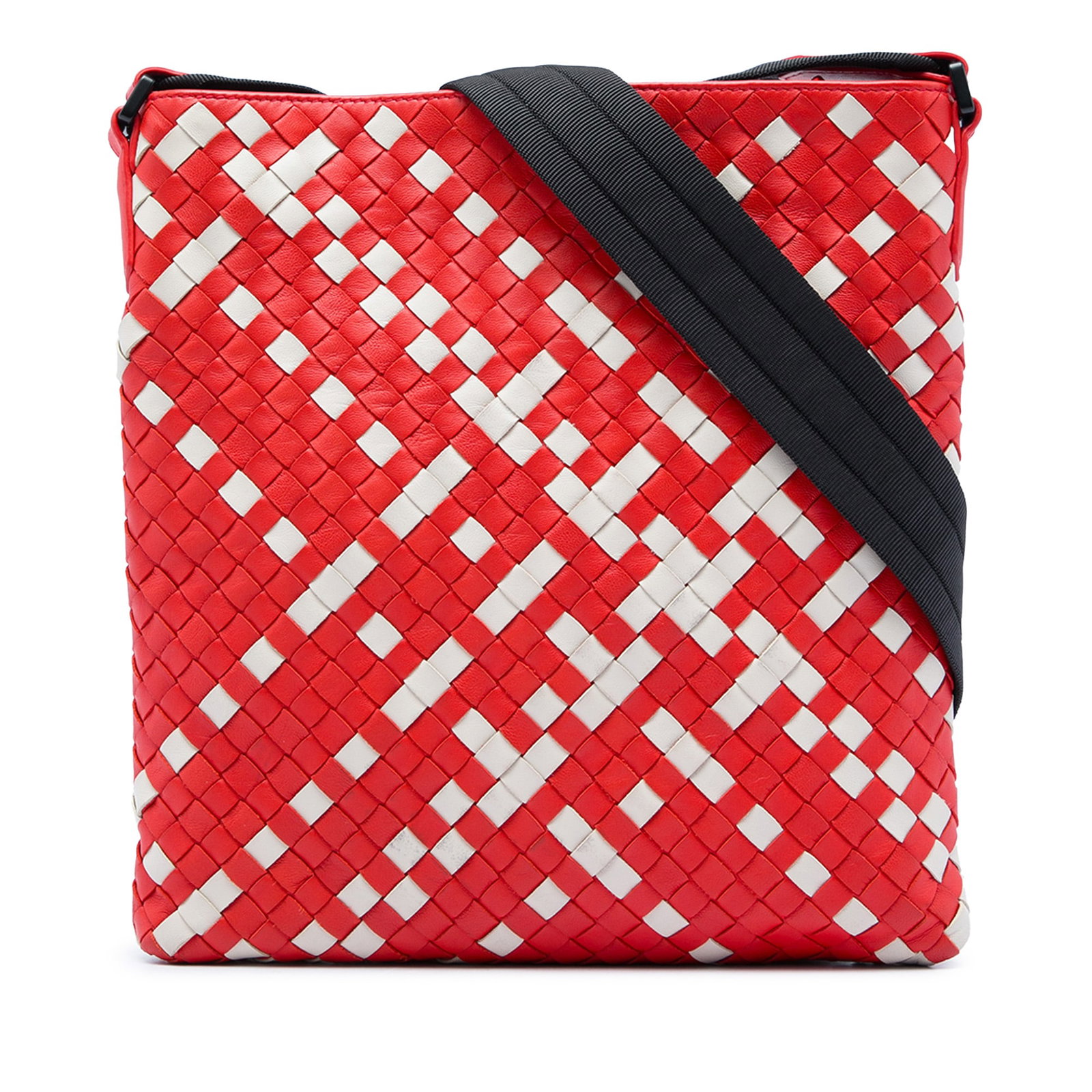 Bottega Veneta Intrecciato Nappa Leather Crossbody Bag Red: Bottega Veneta Intrecciato Nappa Leather Crossbody Bag Red Bottega Veneta bicolor Nappa Intrecciato crossbody bag with a woven leather body, adjustable flat shoulder strap, open top, and interior slip