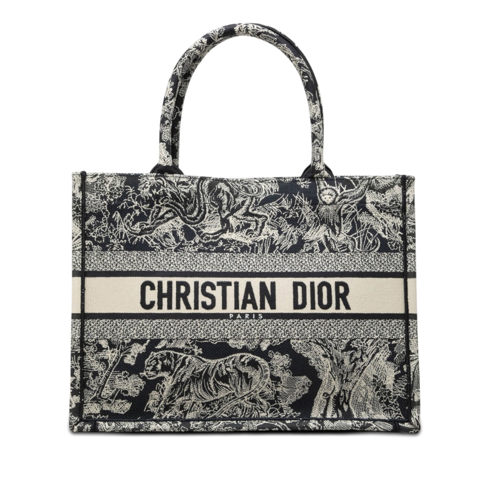 Dior Dioriviera Toile de Jouy Medium Book Tote in Embroidered Canvas: Dior Dioriviera Toile de Jouy Medium Book Tote in Embroidered Canvas This medium Book Tote from the Dioriviera Toile De Jouy line features an embroidered canvas body with rolled canvas handles and an 