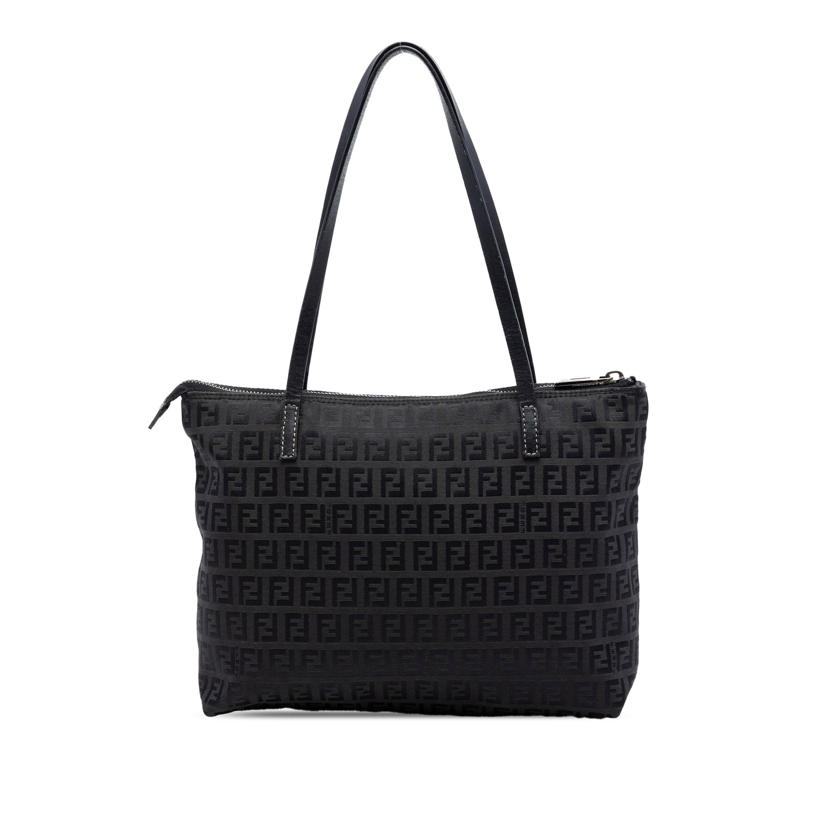 Fendi Zucchino Black Canvas Zip Top Tote Bag: Fendi Zucchino Black Canvas Zip Top Tote Bag Fendi Zucchino canvas tote with a zip-top design, flat leather straps, and an interior zip pocket. Made in Italy, this black tote shows visible wear consis