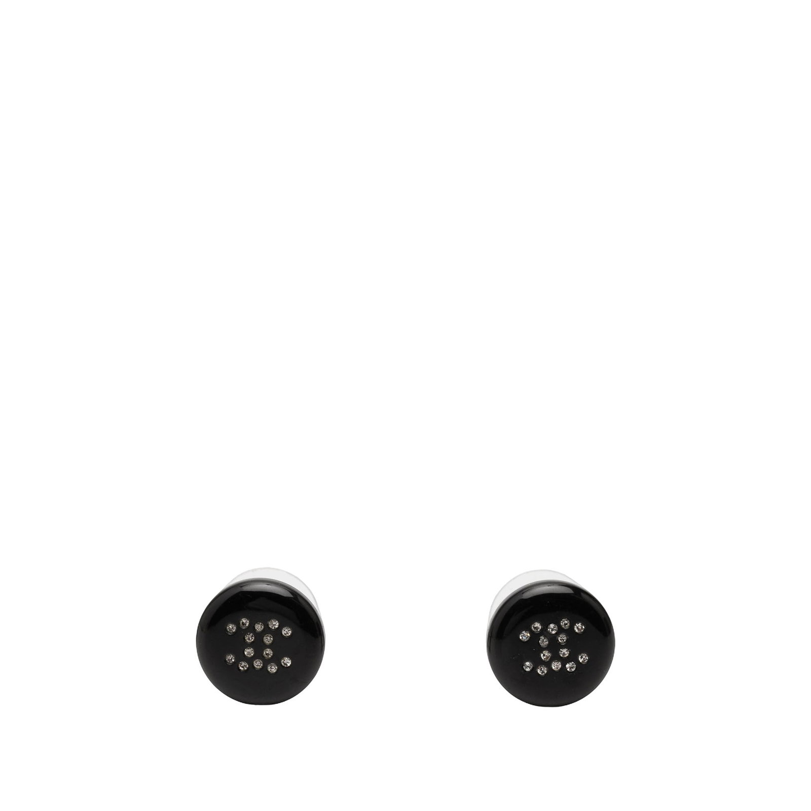 Chanel CC Button Earrings Black Resin Strass Push Back: Chanel CC Button Earrings Black Resin Strass Push Back Chanel CC button earrings crafted with resin bodies and crystal details. These push-back earrings are finished in black and show condition notes 