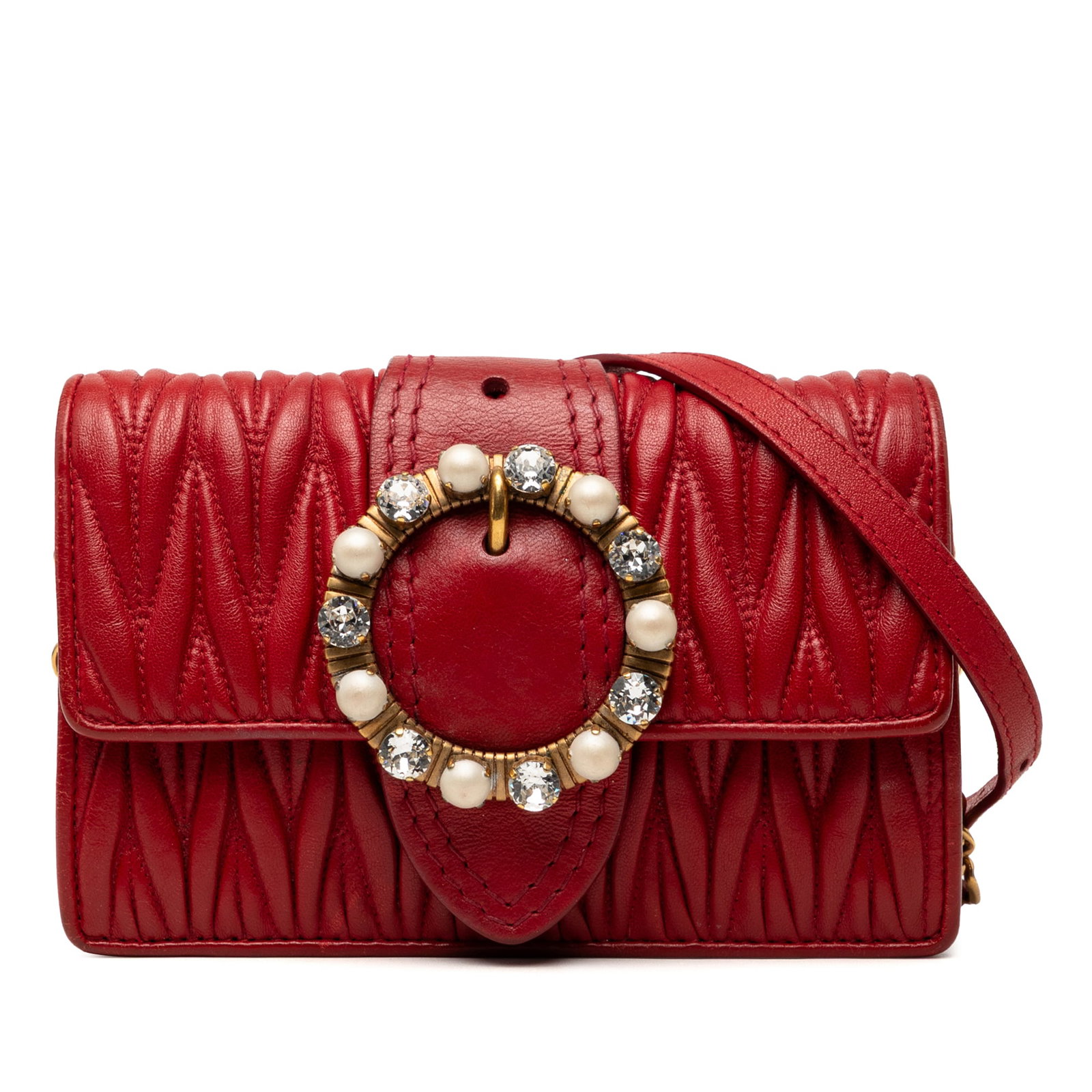 Miu Miu red quilted nappa leather crystal flap crossbody bag: Miu Miu red quilted nappa leather crystal flap crossbody bag Miu Miu Matelasse Nappa Crystal Embellished Crossbody in red quilted nappa leather with crystal embellishments, an adjustable flat leather 