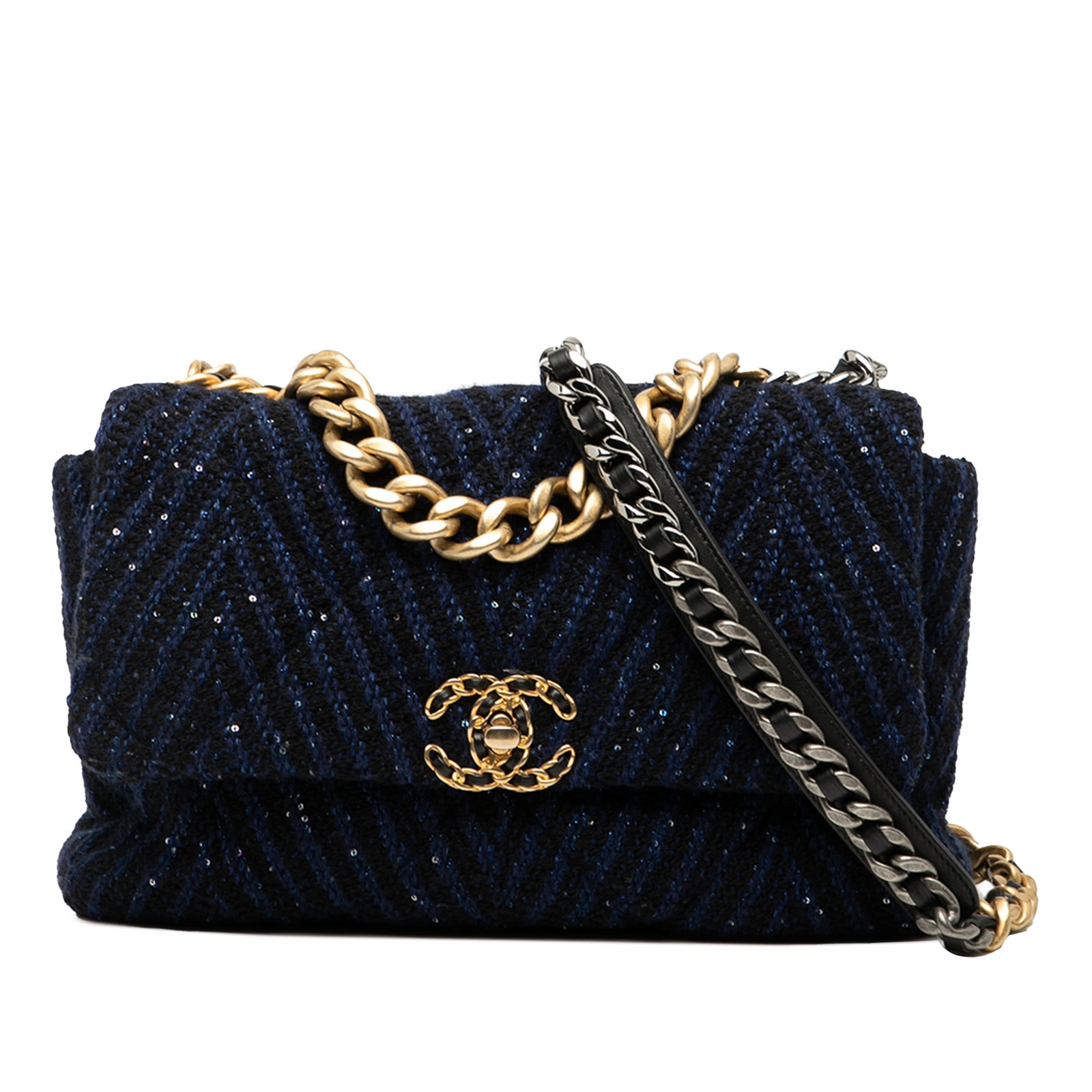 Chanel Large Chevron Tweed Sequin 19 Flap Blue Bag: Chanel Large Chevron Tweed Sequin 19 Flap Blue Bag The Chanel Large Chevron Tweed Sequin 19 Flap bag is a stunning accessory that showcases a sequin-embellished tweed body in a beautiful blue hue. It 