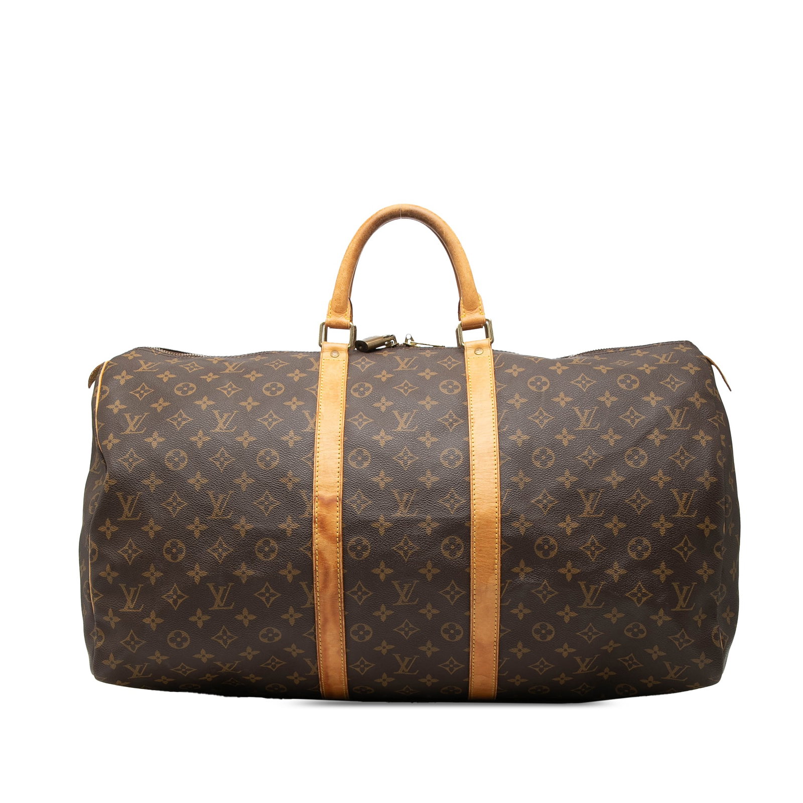 Louis Vuitton Keepall 55 Monogram Canvas Travel Bag with Leather Handles: Louis Vuitton Keepall 55 Monogram Canvas Travel Bag with Leather Handles The Louis Vuitton Monogram Keepall 55 is crafted from signature monogram canvas and features rolled vachetta leather handles wi
