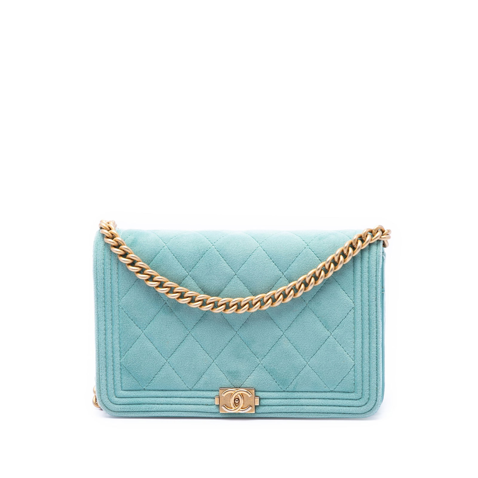 Chanel Boy Wallet on Chain Blue Quilted Velvet Bag: Chanel Boy Wallet on Chain Blue Quilted Velvet Bag Quilted velvet wallet on chain with a front flap and magnetic snap closure, chain link strap, and interior zip and slip compartments. The item shows 