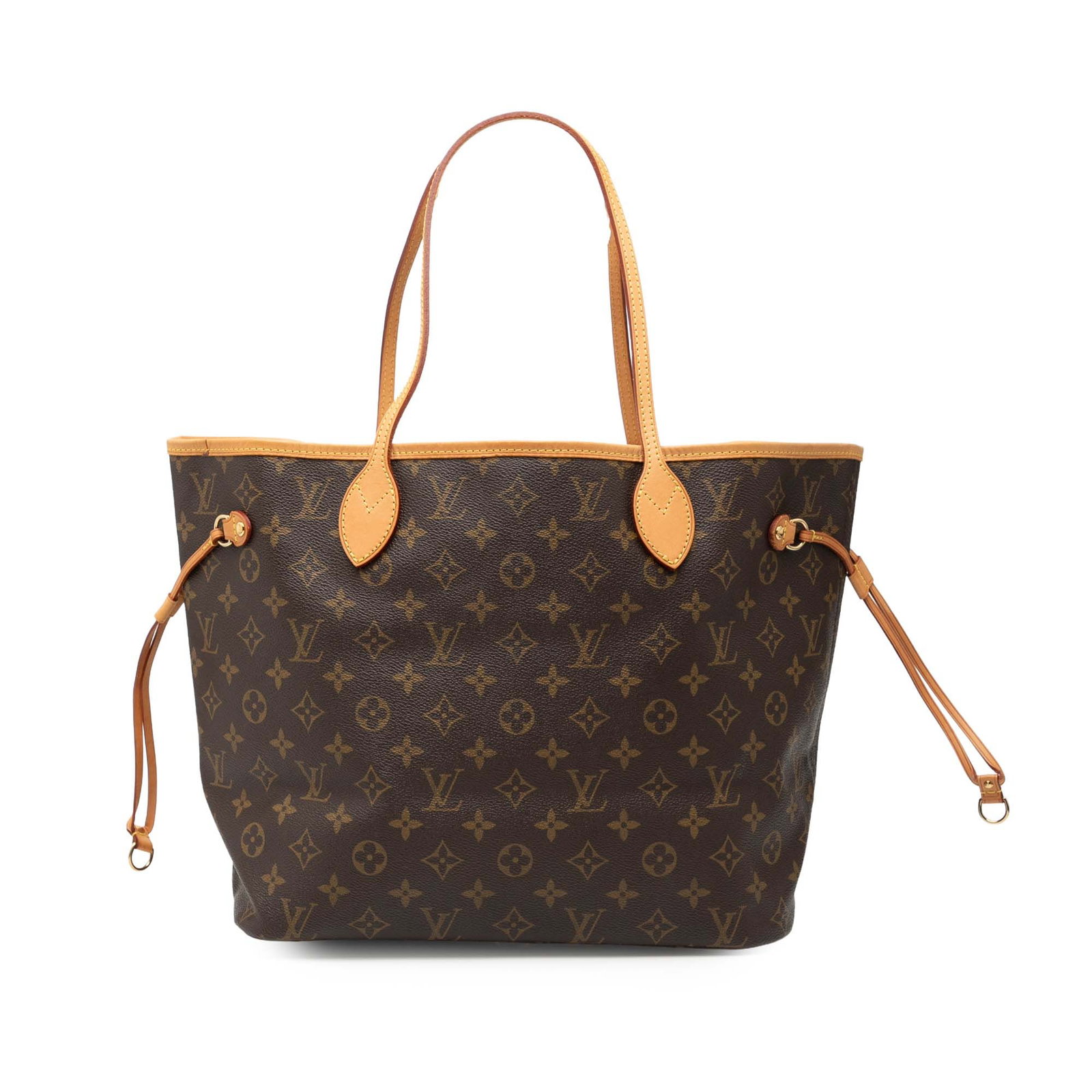 Louis Vuitton Neverfull MM Tote in Monogram Canvas with Leather Handles: Louis Vuitton Neverfull MM Tote in Monogram Canvas with Leather Handles This Louis Vuitton Neverfull MM features the iconic monogram canvas body with flat leather handles and an open top secured by a 
