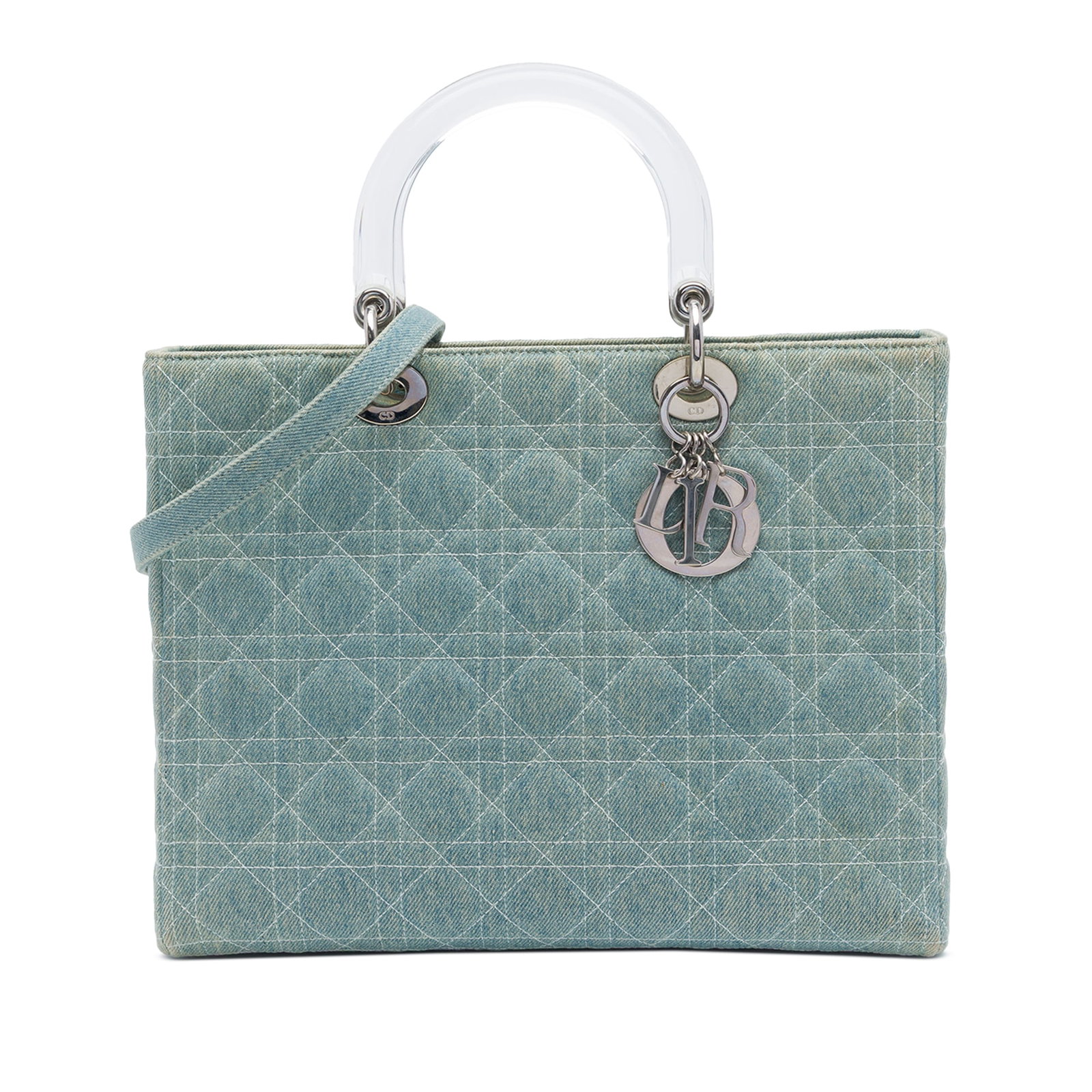 Dior Lady Dior Large Denim Satchel with Acrylic Handles: Dior Lady Dior Large Denim Satchel with Acrylic Handles Large Lady Dior satchel in blue quilted denim with acrylic top handles and a detachable denim strap. The bag features a top zip closure and an i