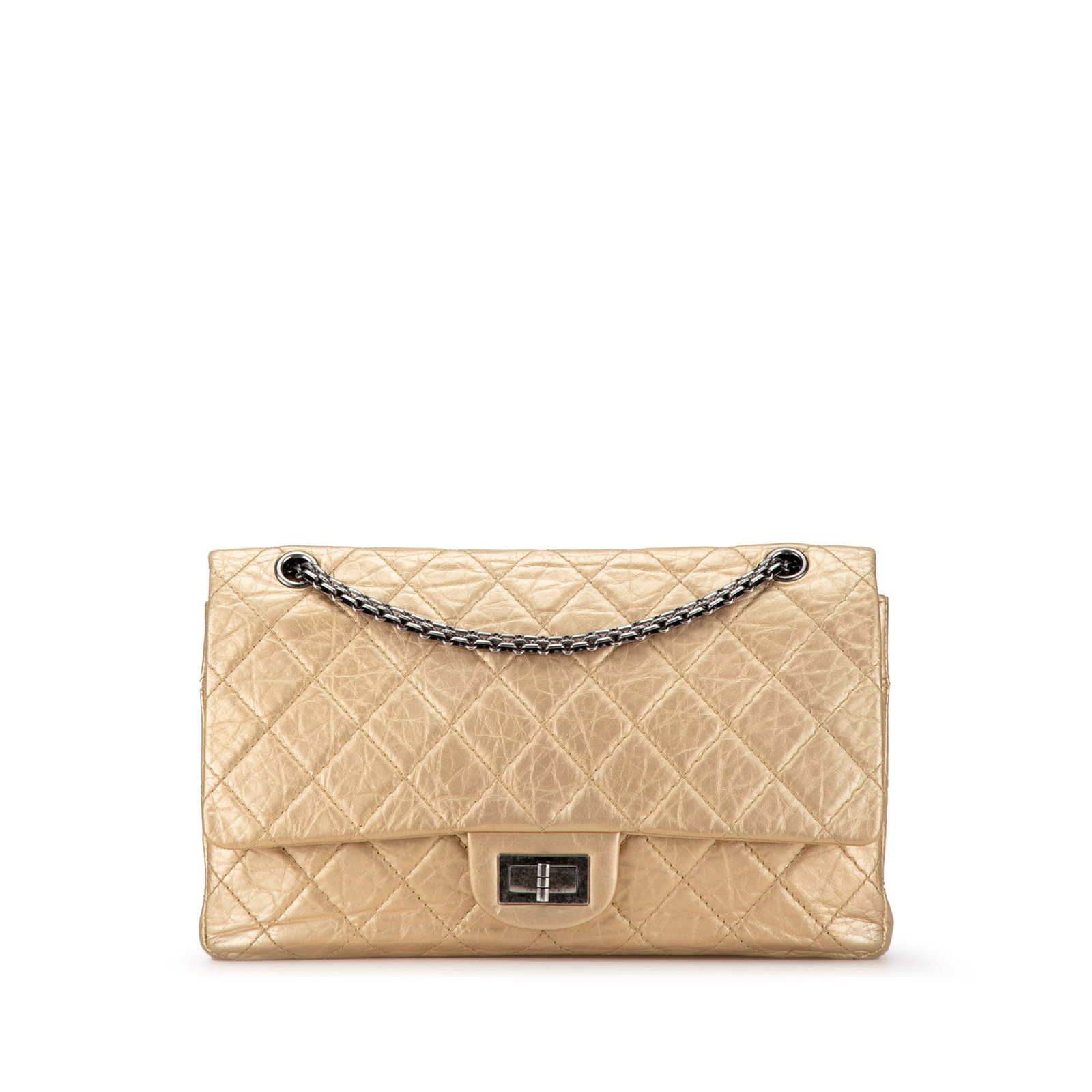 Chanel Reissue 2.55 Aged Calfskin Double Flap Shoulder Bag Gold: Chanel Reissue 2.55 Aged Calfskin Double Flap Shoulder Bag Gold Introducing the Chanel Reissue 2.55 Aged Calfskin Double Flap 227, a timeless shoulder bag crafted from luxurious aged calfskin leather.