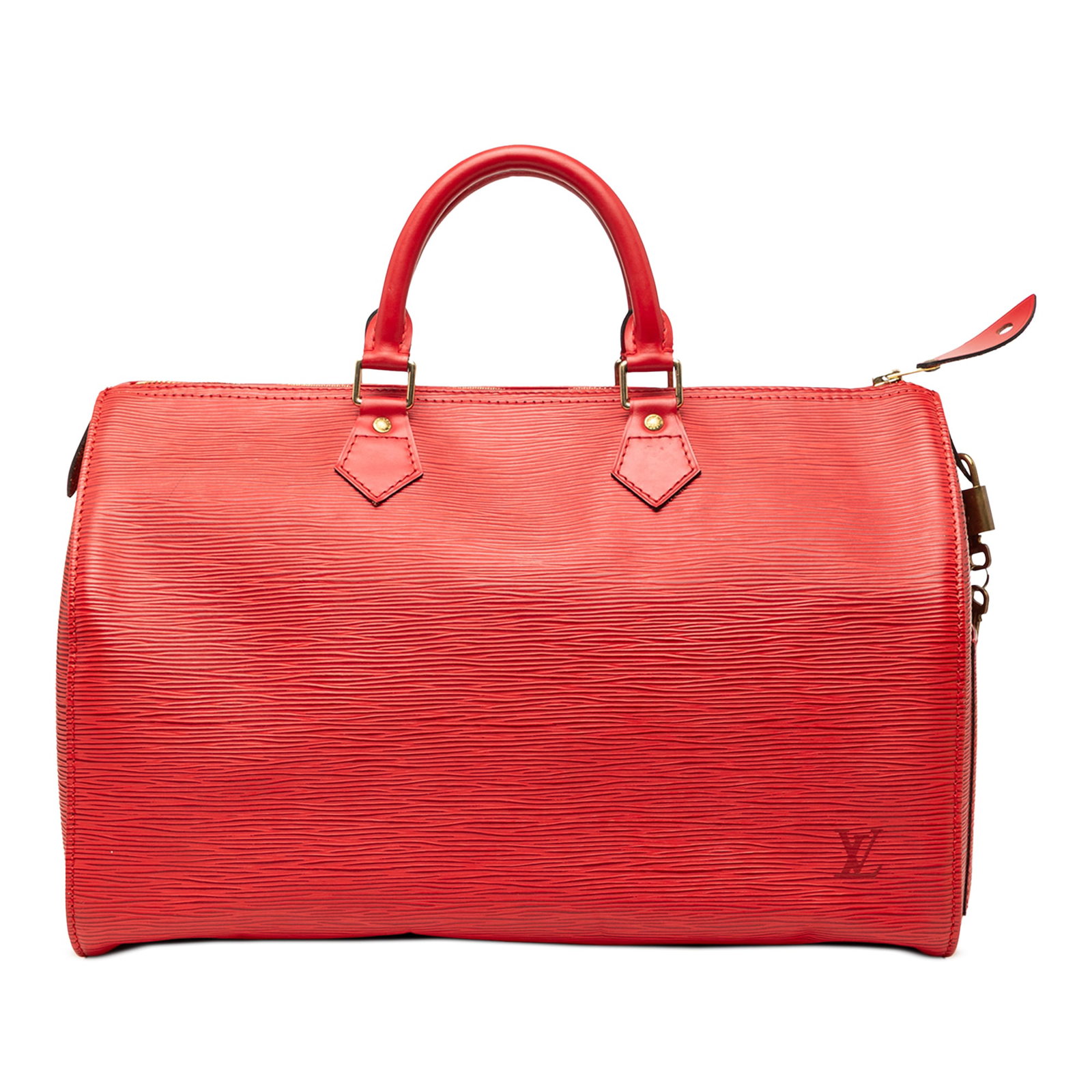 Louis Vuitton Speedy 35 red Epi leather handbag: Louis Vuitton Speedy 35 red Epi leather handbag Louis Vuitton Epi Speedy 35 handbag in red Epi leather with a top zip closure and an interior pocket. Made in France. Condition is B+ with visible wear 