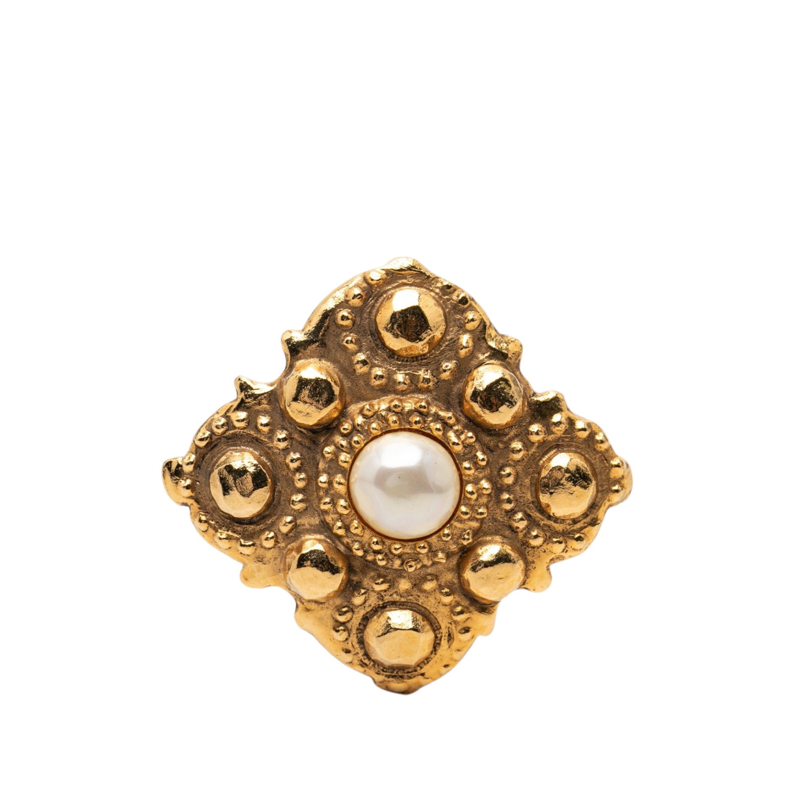 Chanel Rhombus Brooch Gold Plated Metal with Faux Pearl: Chanel Rhombus Brooch Gold Plated Metal with Faux Pearl Gold plated rhombus brooch featuring a faux pearl and a back pin closure. The piece is a costume accessory made of metal in a gold color and ori