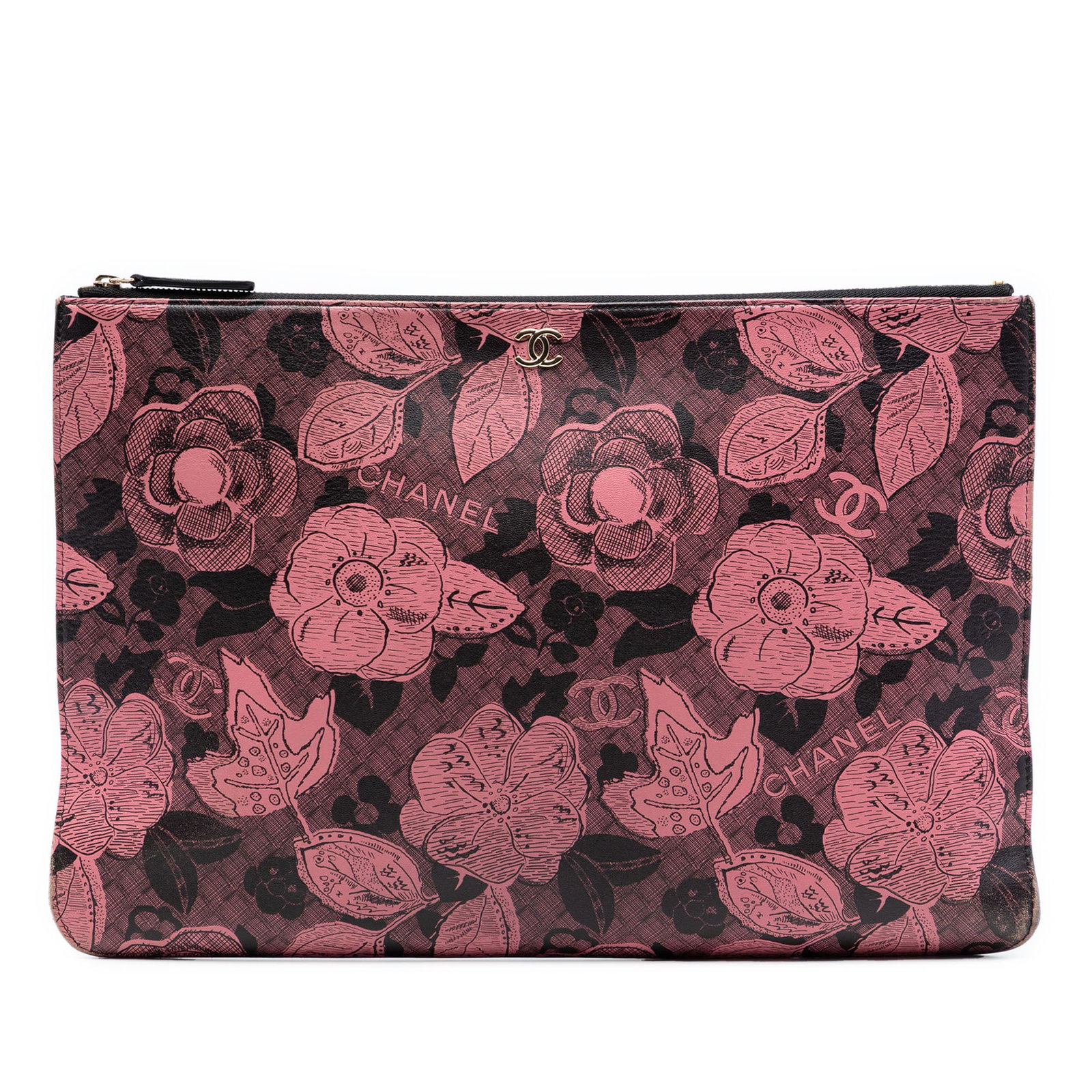 Chanel Camellia Print Quilted Leather O Case Zip Clutch Bag: Chanel Camellia Print Quilted Leather O Case Zip Clutch Bag This Chanel clutch features a printed leather body with a camellia motif and a quilted design, accented by the Large CC logo. It is finished