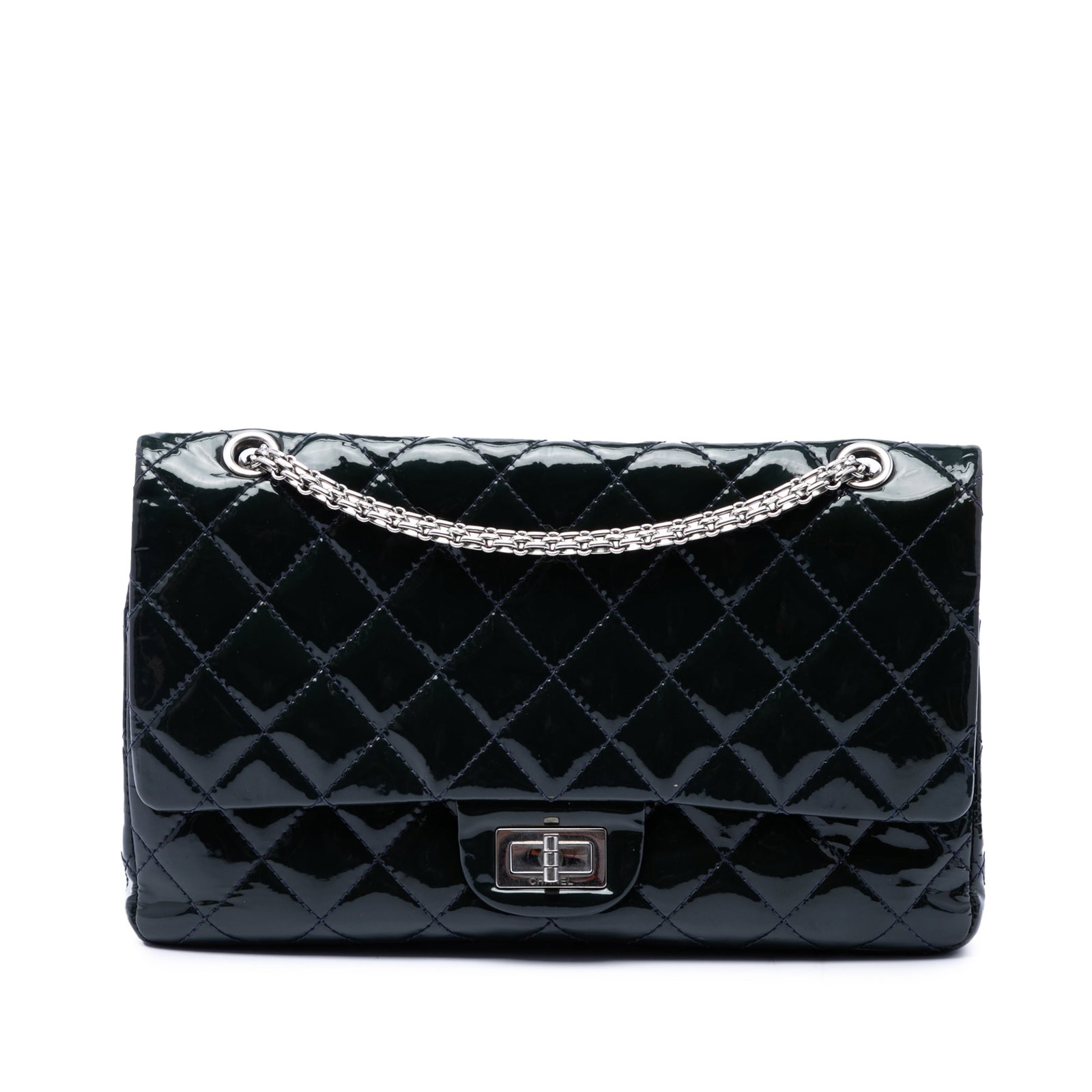 Blue Patent Leather Shoulder Bag Chanel Reissue 2.55 227: Blue Patent Leather Shoulder Bag Chanel Reissue 2.55 227 Chanel Reissue 2.55 Double Flap 227 shoulder bag in blue quilted patent leather with silver-tone chain straps and a front twist lock closure. T