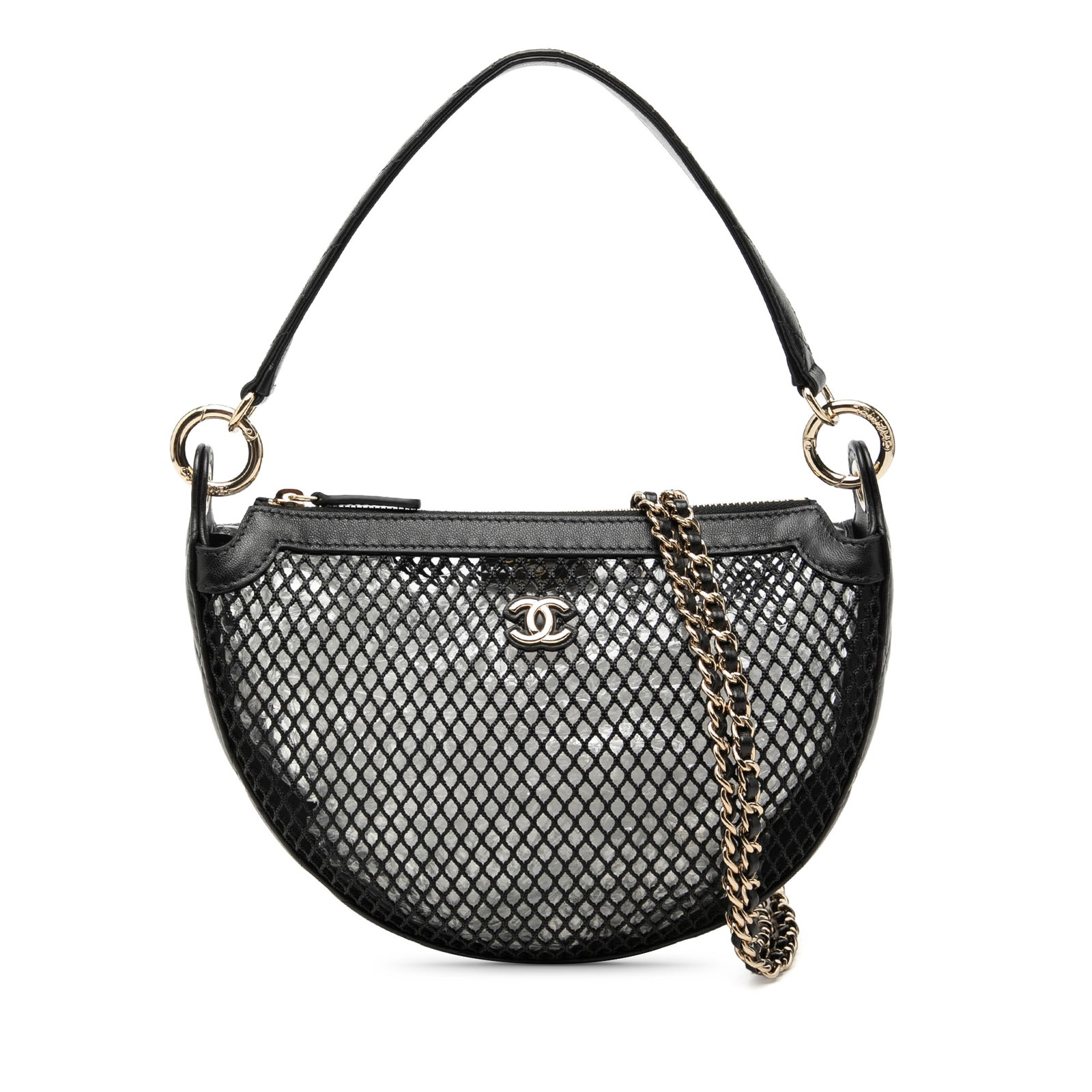 Chanel CC Chain Hobo Bag in Black Mesh and Shiny Lambskin: Chanel CC Chain Hobo Bag in Black Mesh and Shiny Lambskin Chanel CC Mesh and Quilted Shiny Lambskin Chain Hobo in black, crafted with a mesh and shiny lambskin body. This hobo bag features a flat leat