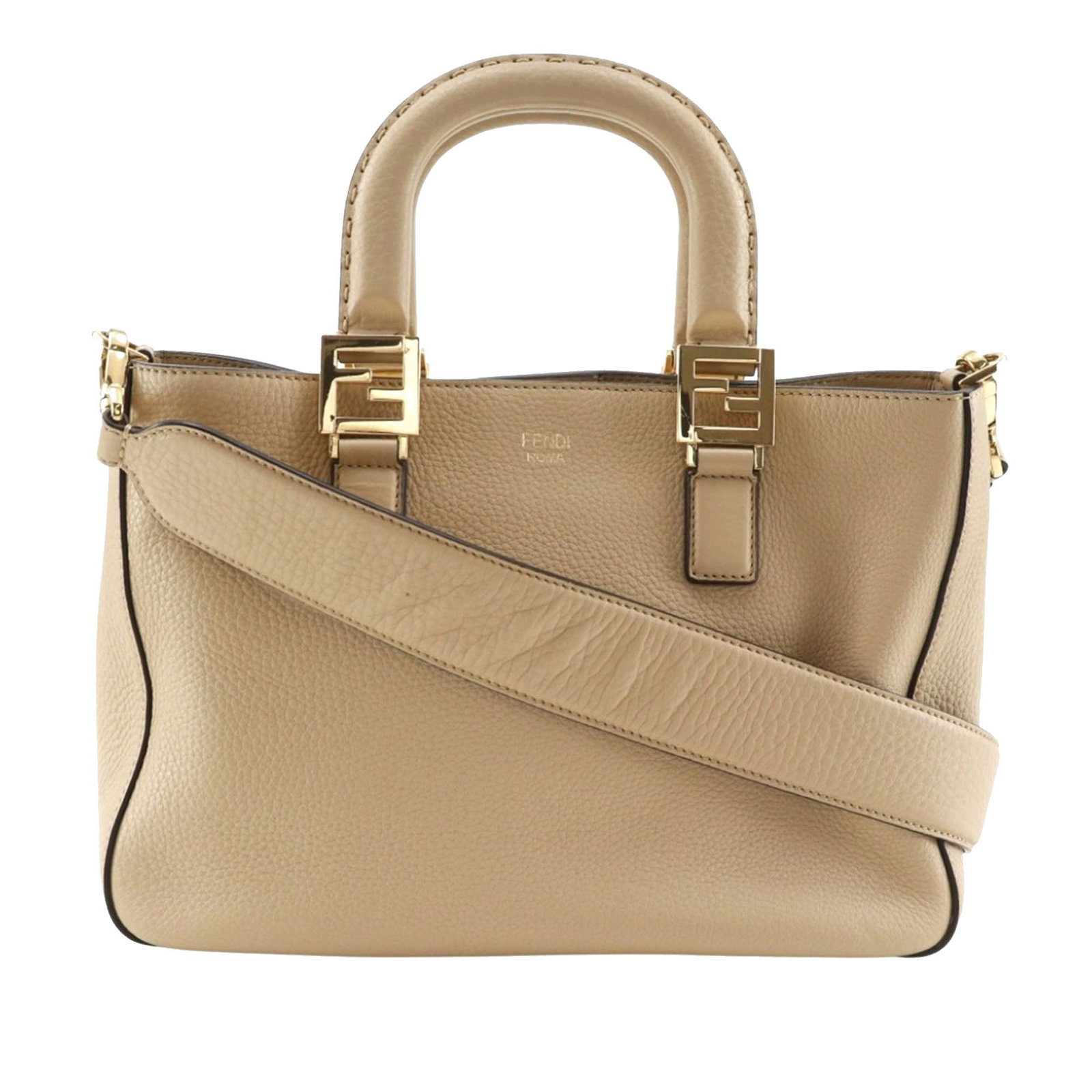 Fendi Selleria FF leather tote with strap: Fendi Selleria FF leather tote with strap This Fendi Small Leather Selleria FF Tote features a beige leather body with flat handles accented by FF hardware. It includes a detachable and adjustable fla
