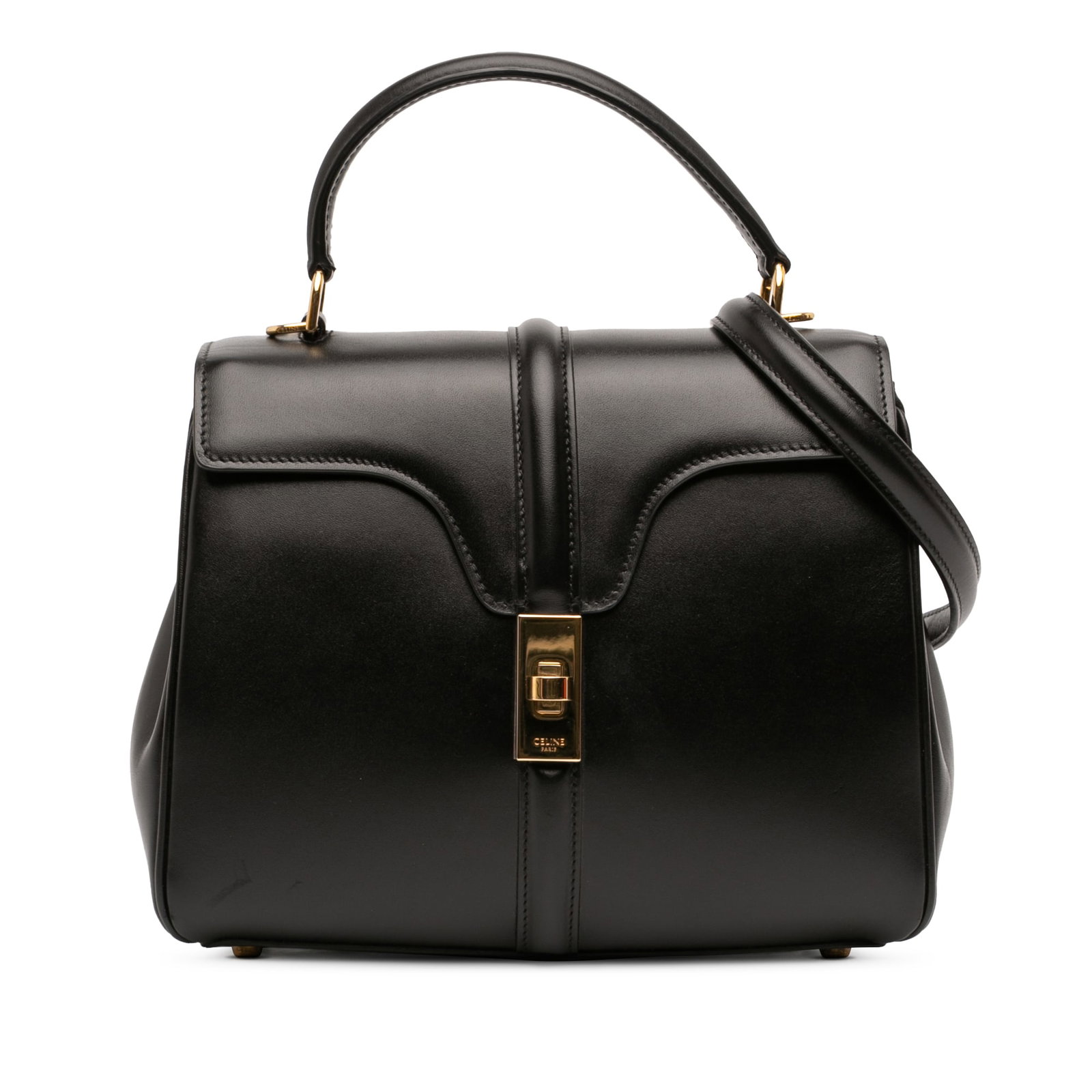 Celine 16 black leather satchel with detachable strap: Celine 16 black leather satchel with detachable strap This Celine Small Leather 16 Satchel is crafted from black leather and features a structured silhouette with a flat leather top handle and a detac