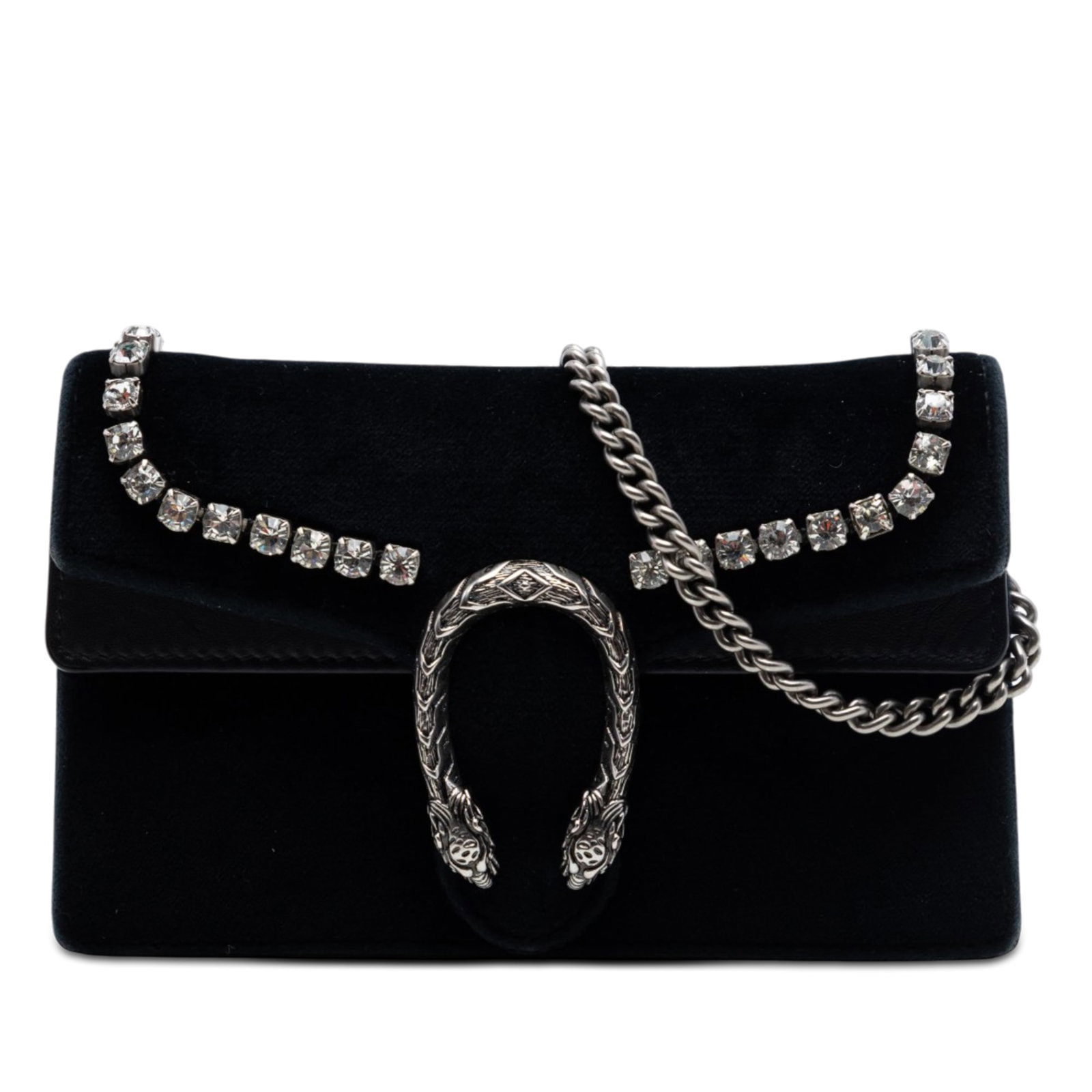 Gucci Dionysus mini black velvet crossbody with crystal trim: Gucci Dionysus mini black velvet crossbody with crystal trim Gucci Dionysus mini crossbody bag crafted with a velvet body, leather trim, and crystal embellishments. It features a chain link strap and 