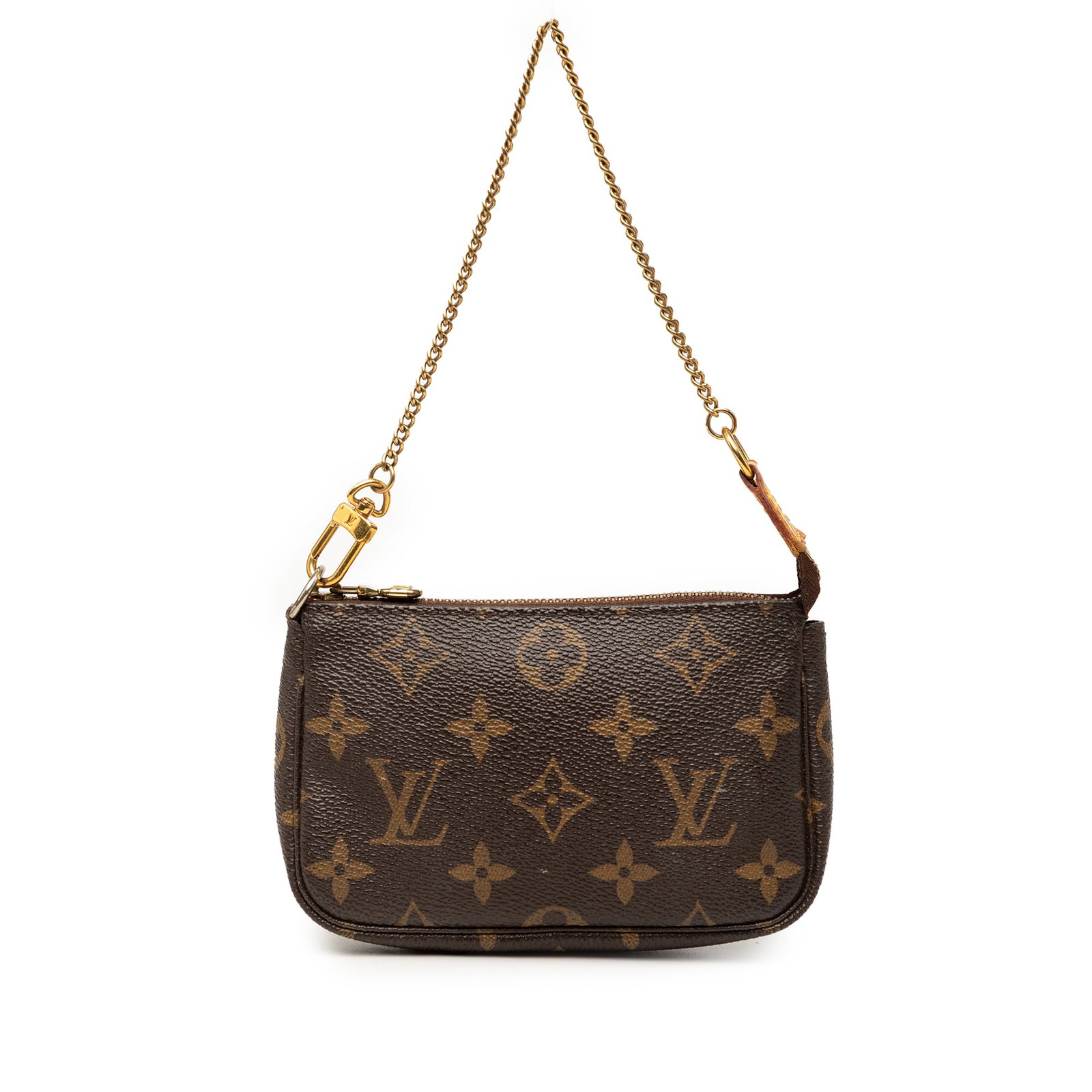 Louis Vuitton Monogram Mini Pochette Bag with Chain Strap: Louis Vuitton Monogram Mini Pochette Bag with Chain Strap Louis Vuitton Monogram Mini Pochette Accessoires with a monogram canvas body, gold-tone chain strap, and top zip closure. Made in France. Cond