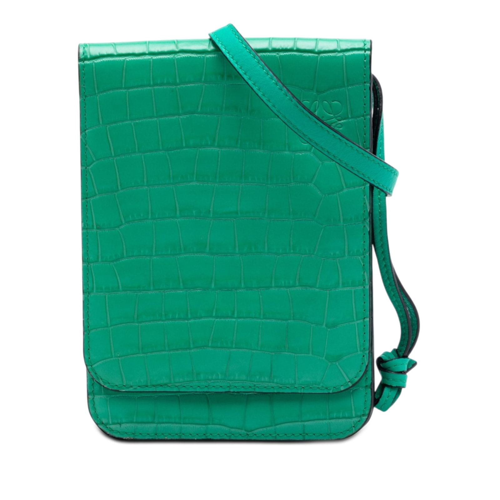 LOEWE Anagram Gusset Flat Crossbody in Green Croc Embossed Leather: LOEWE Anagram Gusset Flat Crossbody in Green Croc Embossed Leather This LOEWE crossbody bag is crafted in embossed leather and features the Anagram Gusset Flat design. It has an adjustable flat leathe