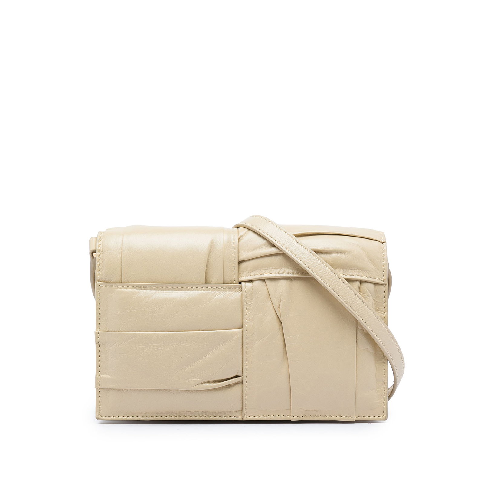 Bottega Veneta Cassette Mini Intrecciato Pleated Calfskin Crossbody Bag: Bottega Veneta Cassette Mini Intrecciato Pleated Calfskin Crossbody Bag Bottega Veneta Mini Calfskin Intrecciato Pleated Cassette Crossbody in beige leather. This crossbody bag features a woven leathe