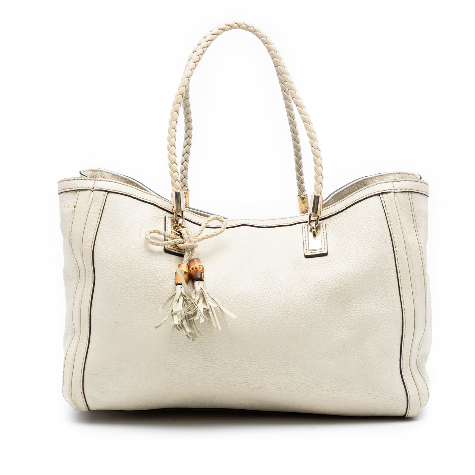 Gucci White Leather Bella Tote Bag: Gucci White Leather Bella Tote Bag This Gucci Medium Leather Bella Tote features a white leather body with braided straps, an open top secured by a lobster clasp, and a spacious interior equipped with