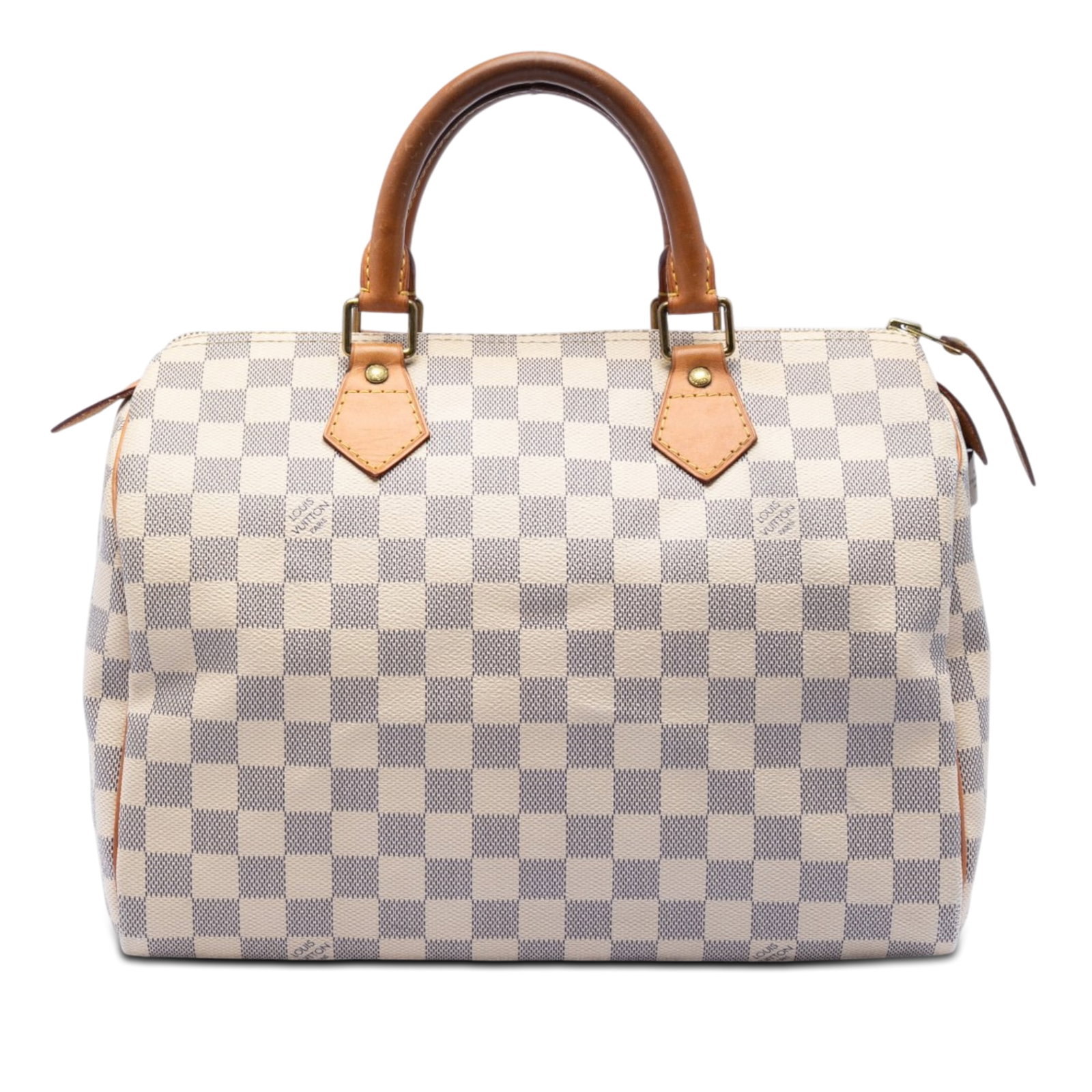 Louis Vuitton Speedy 30 Damier Azur handbag: Louis Vuitton Speedy 30 Damier Azur handbag Louis Vuitton Damier Azur Speedy 30 bag in white fabric with a damier canvas body, rolled leather handles, a top zip closure, and an interior pocket. Origin