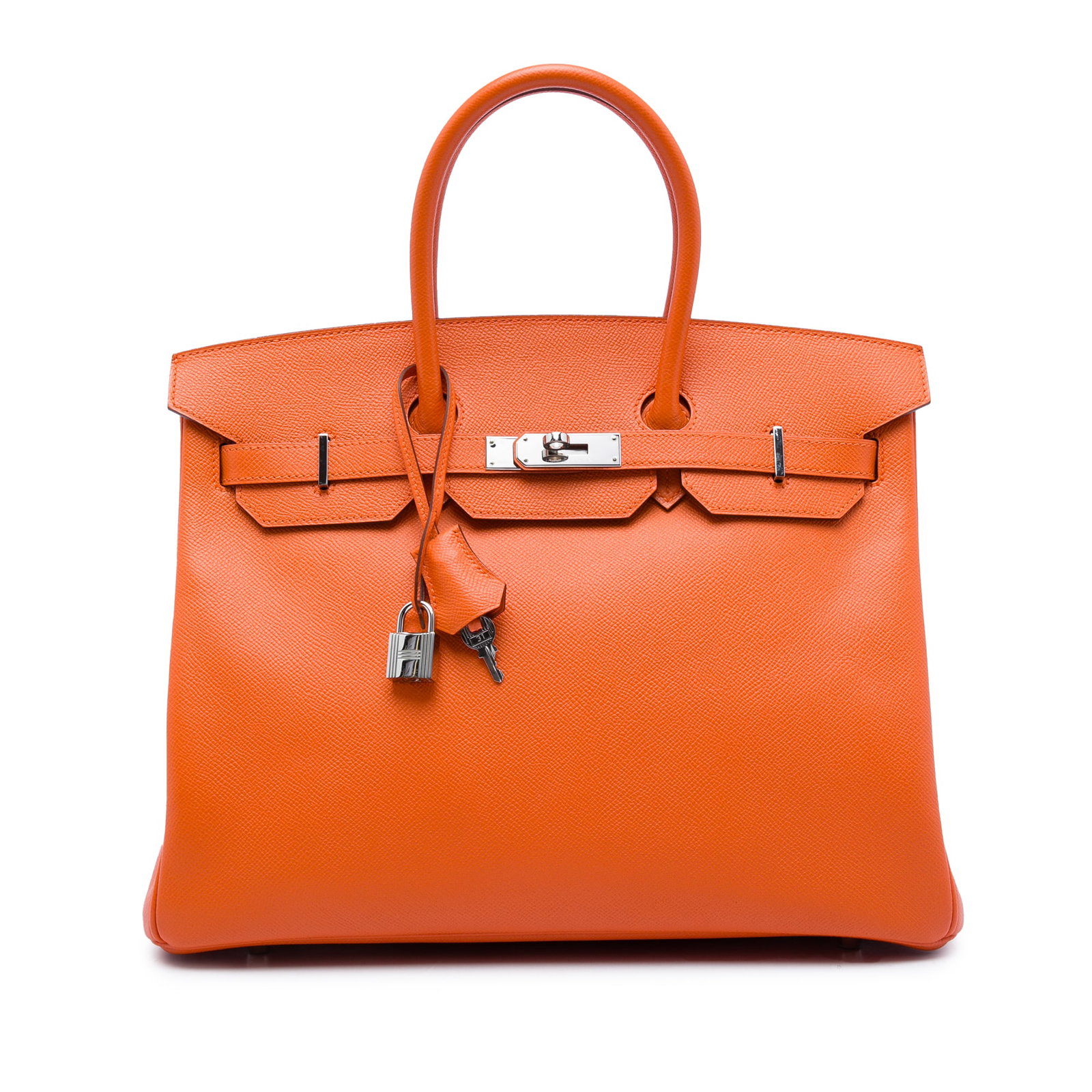 Hermes Birkin Retourne 35 Orange Epsom Leather Handbag: Hermes Birkin Retourne 35 Orange Epsom Leather Handbag Hermes Birkin Retourne 35 in orange Epsom leather with rolled leather handles, a front flap with strap and turn-lock closure, and an interior wit