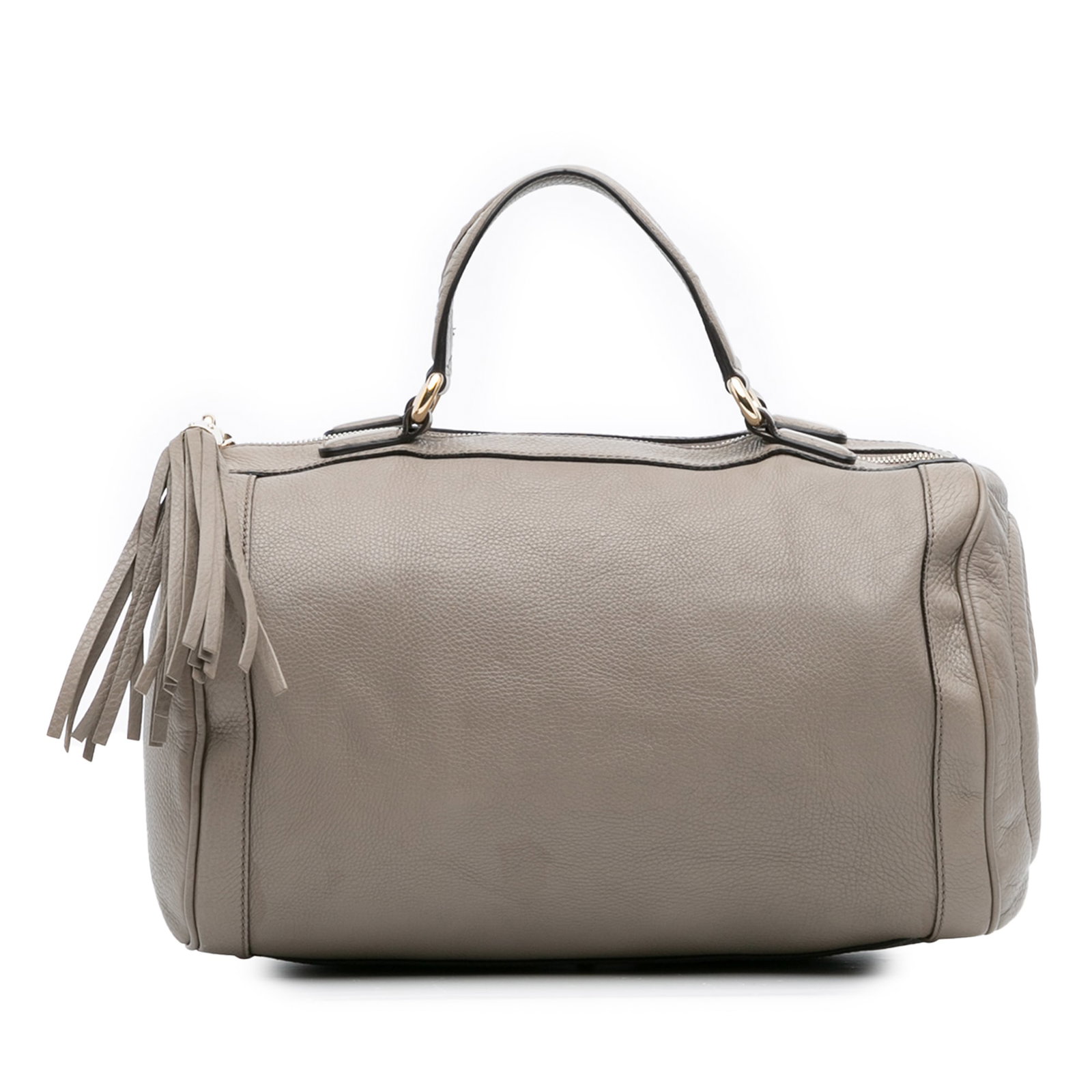 Gucci Medium Soho Boston Bag Gray Pebbled Leather with Tassel: Gucci Medium Soho Boston Bag Gray Pebbled Leather with Tassel Introducing the Gucci Medium Pebbled Calfskin Soho Boston Bag, a sophisticated accessory crafted from high-quality leather. This elegant b