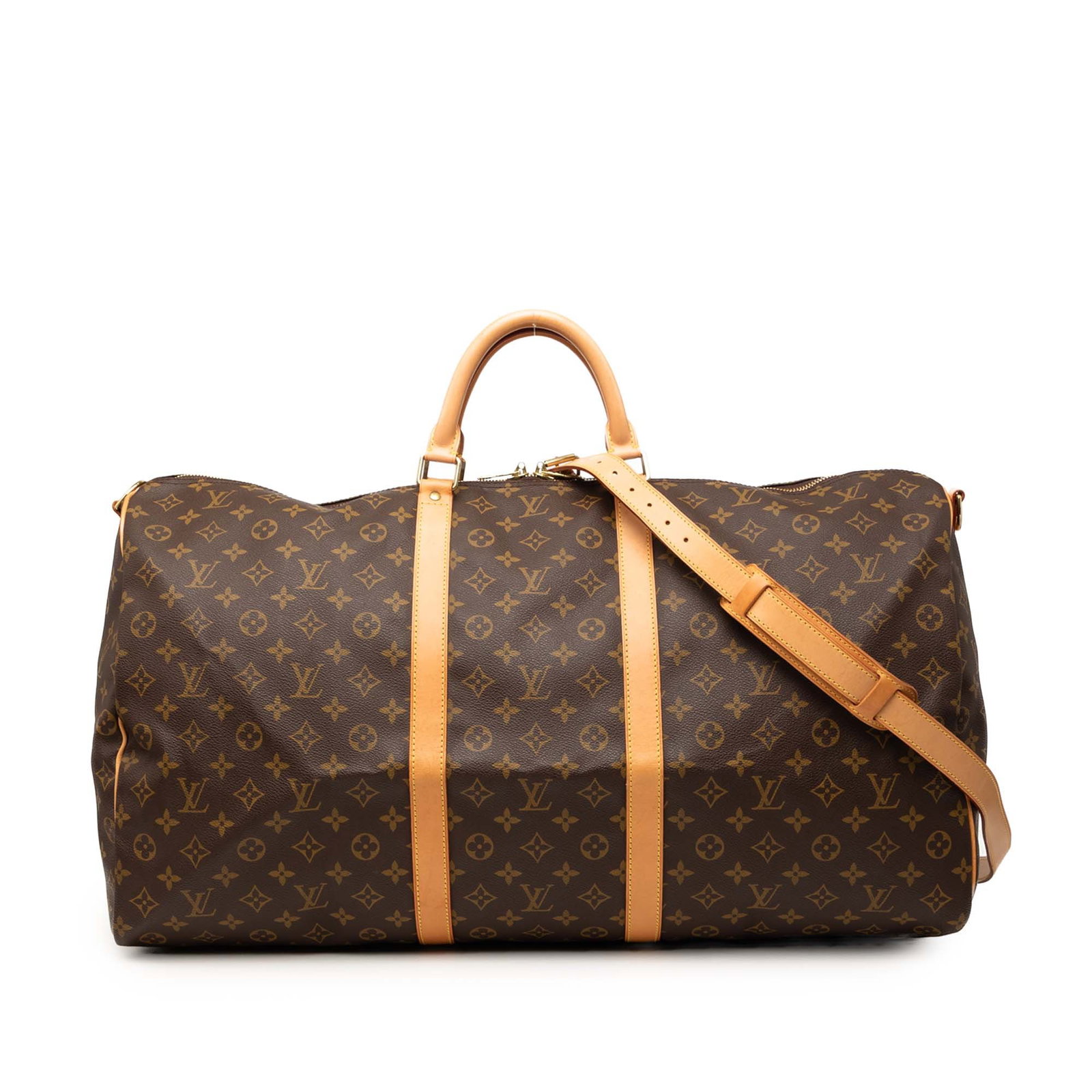 Louis Vuitton Keepall Bandouliere 60 Monogram Duffle Bag: Louis Vuitton Keepall Bandouliere 60 Monogram Duffle Bag Louis Vuitton Monogram Keepall Bandouliere 60 travel bag crafted with a monogram canvas body, rolled vachetta leather handles, a detachable fla