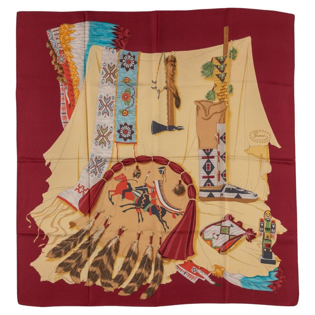 Gucci Kachinas Silk Scarf Burgundy Multicolor Italy 31 in (1 of 6)
