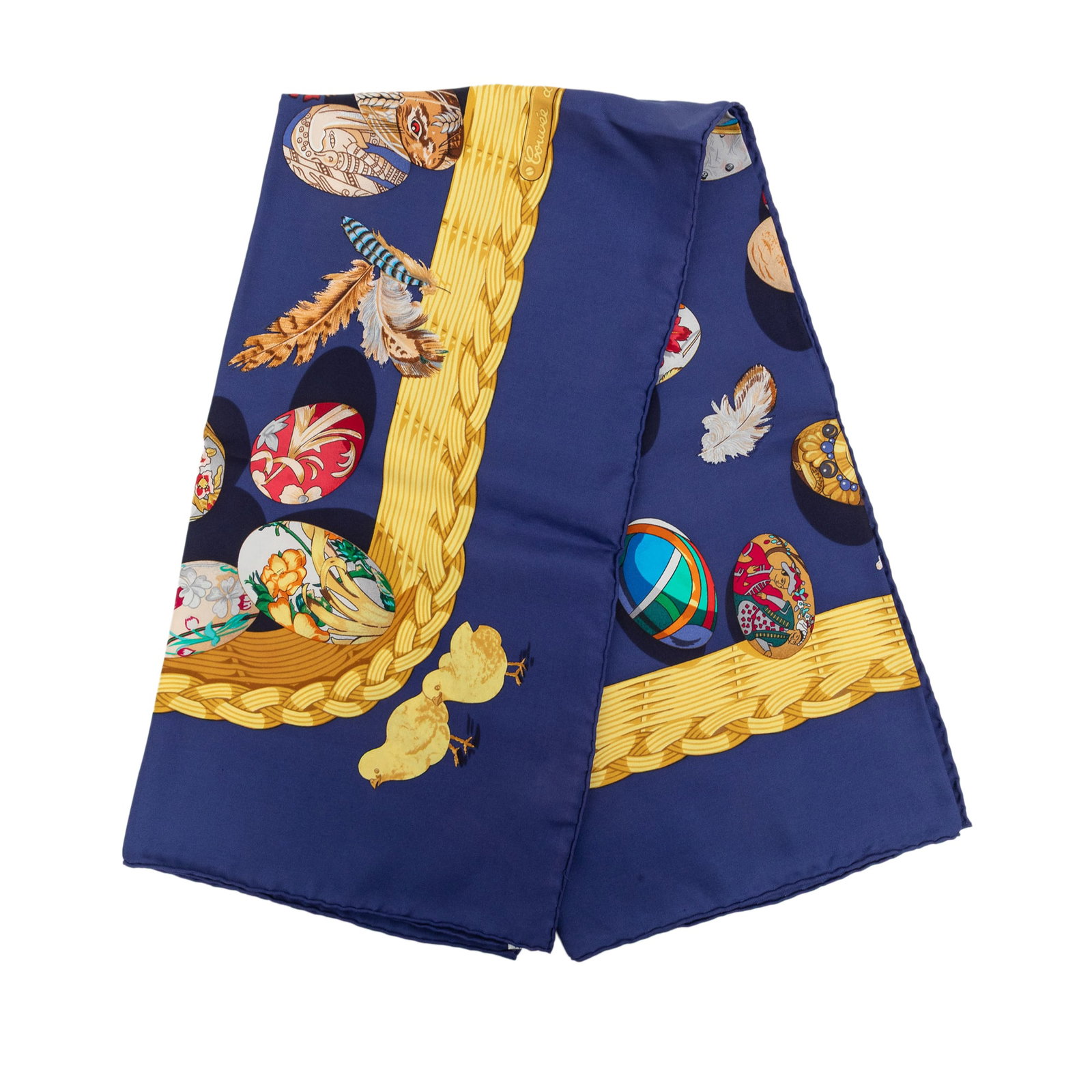 Hermes Couvee d Hermes 90 Silk Scarf Blue France: Hermes Couvee d Hermes 90 Silk Scarf Blue France Hermes Couvee d Hermes Silk Scarf 90 in blue with a printed design on 100% silk. Includes box. Condition is AB, with staining on the exterior front and