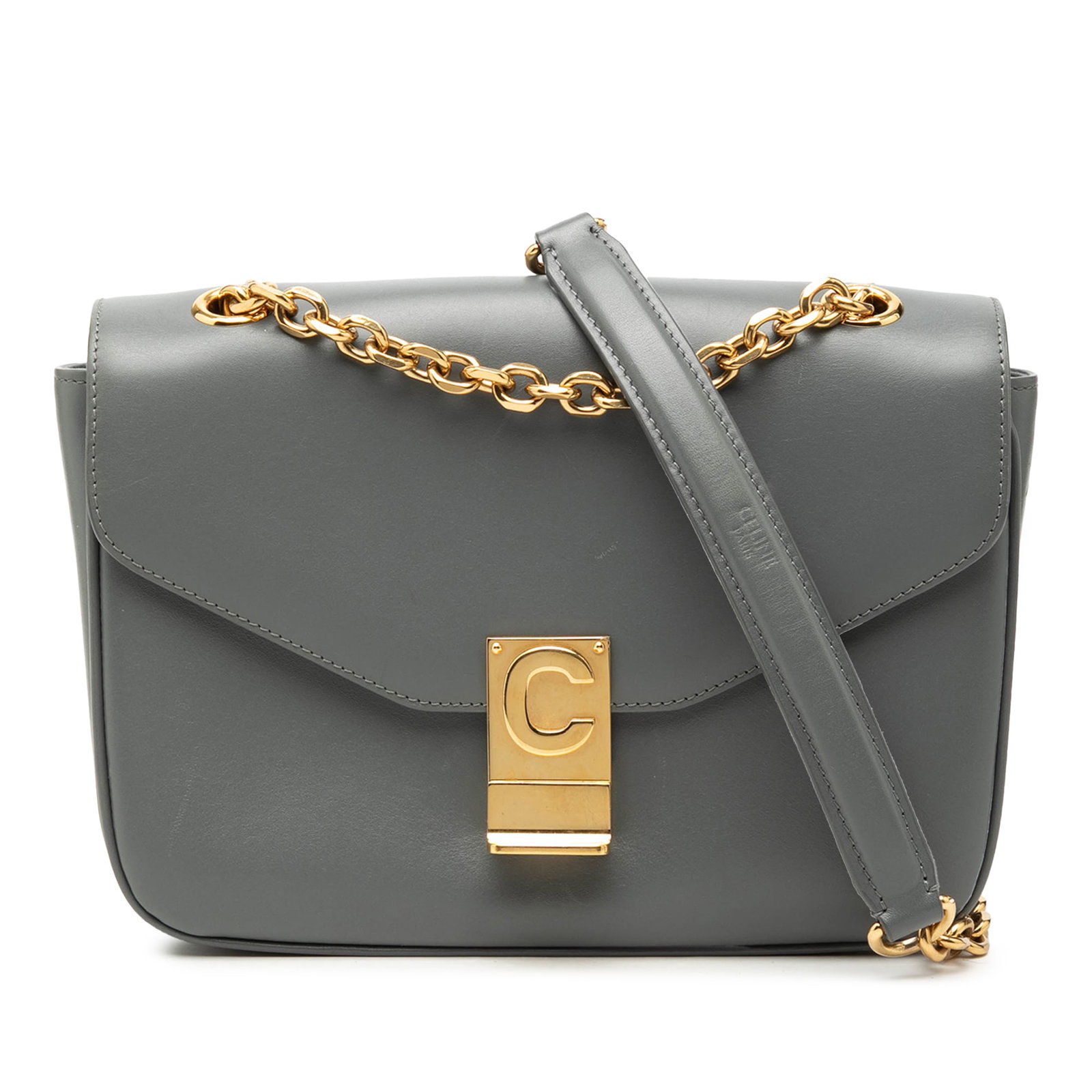Celine Medium C Crossbody Bag Gray Calfskin Leather: Celine Medium C Crossbody Bag Gray Calfskin Leather Celine Medium Calfskin C Crossbody bag crafted with a leather body and a chain shoulder strap with a leather guard. The design features a front flap