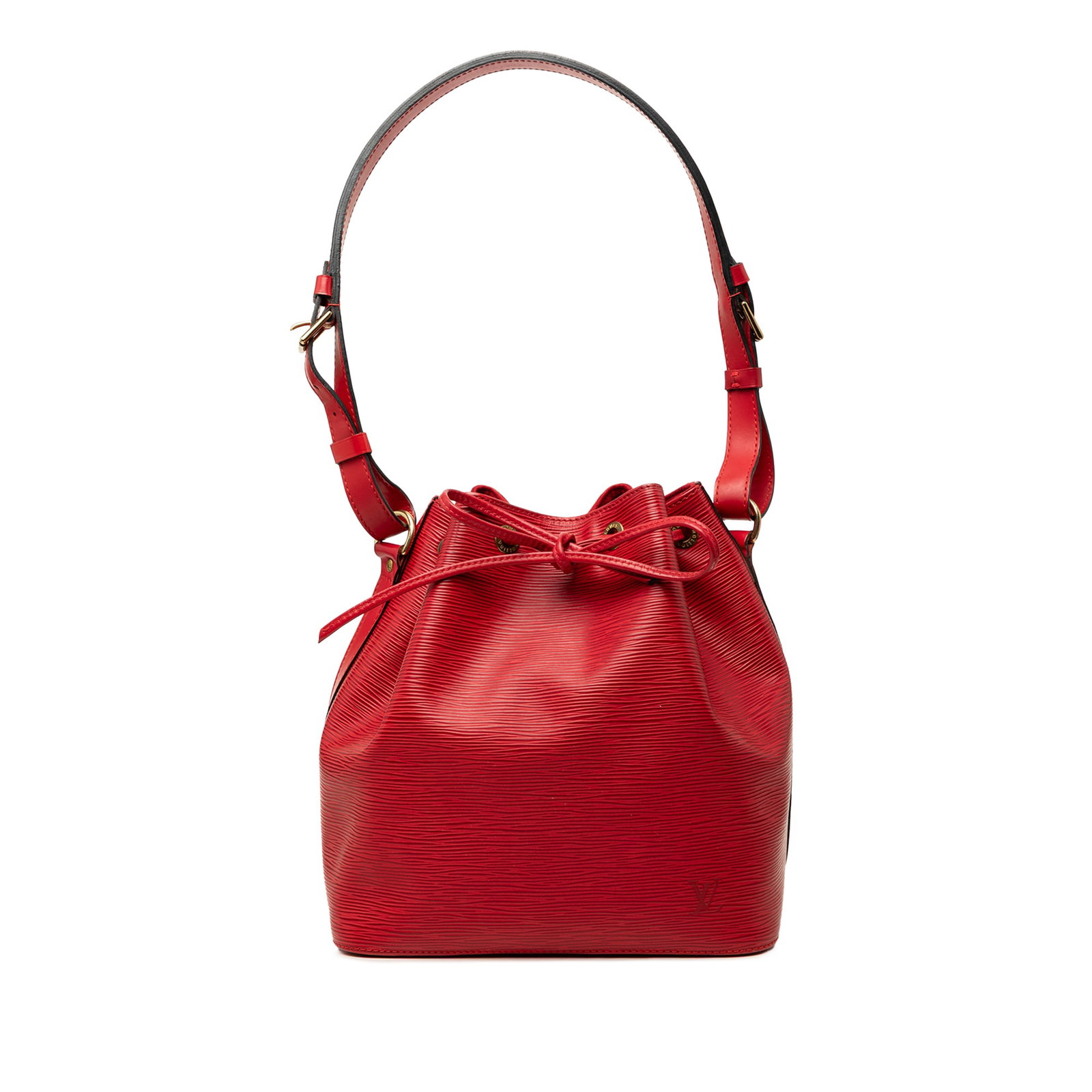Louis Vuitton Petit Noe Epi Leather Shoulder Bag Red: Louis Vuitton Petit Noe Epi Leather Shoulder Bag Red Louis Vuitton Epi Petit Noe bag crafted in red epi leather with flat leather shoulder straps and a drawstring closure. Made in France. Condition B 