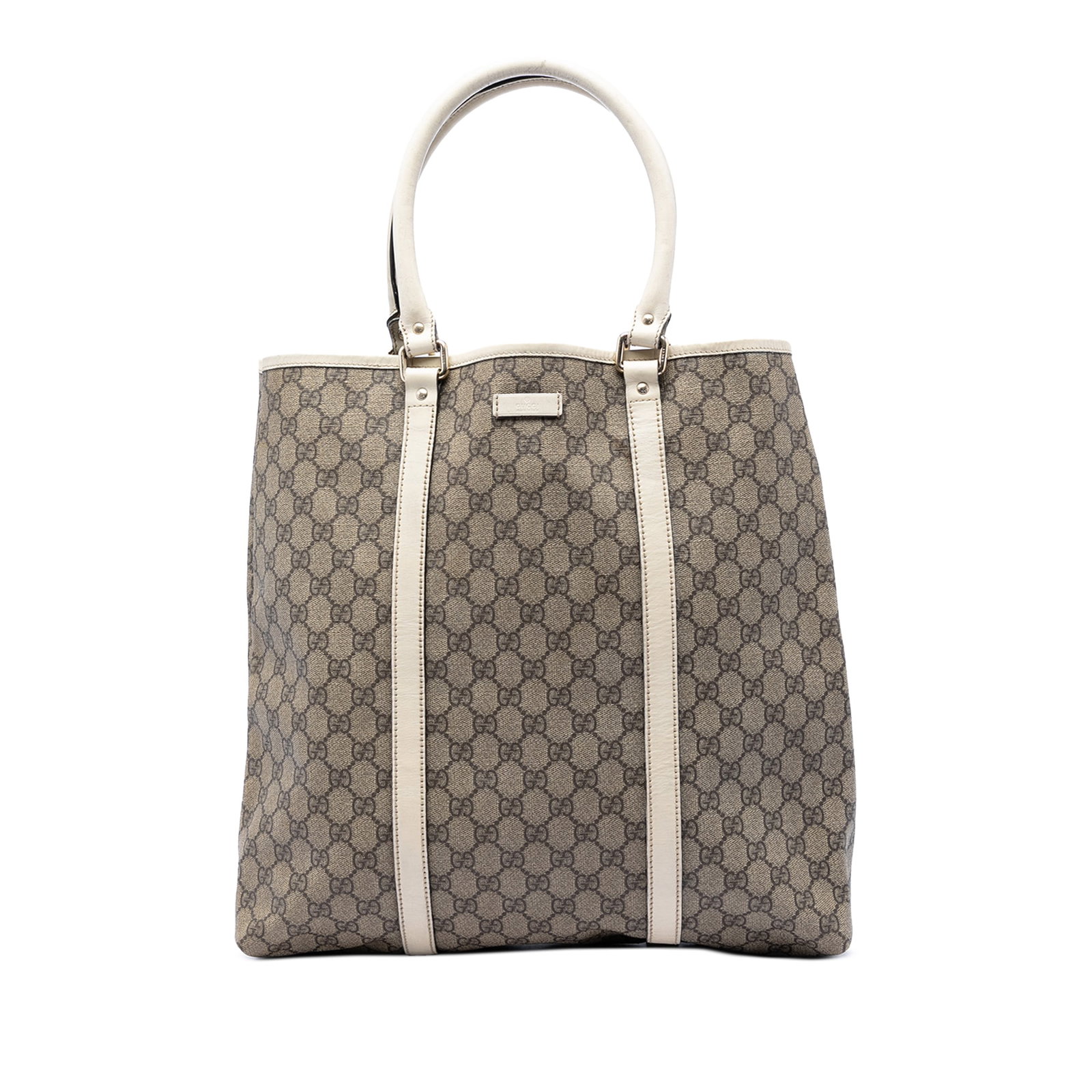Gucci Joy Vertical Tote in GG Supreme Coated Canvas: Gucci Joy Vertical Tote in GG Supreme Coated Canvas Gucci GG Supreme Joy Vertical Tote in beige with a coated canvas body and leather trim. This tote features rolled leather handles, an open top, an i