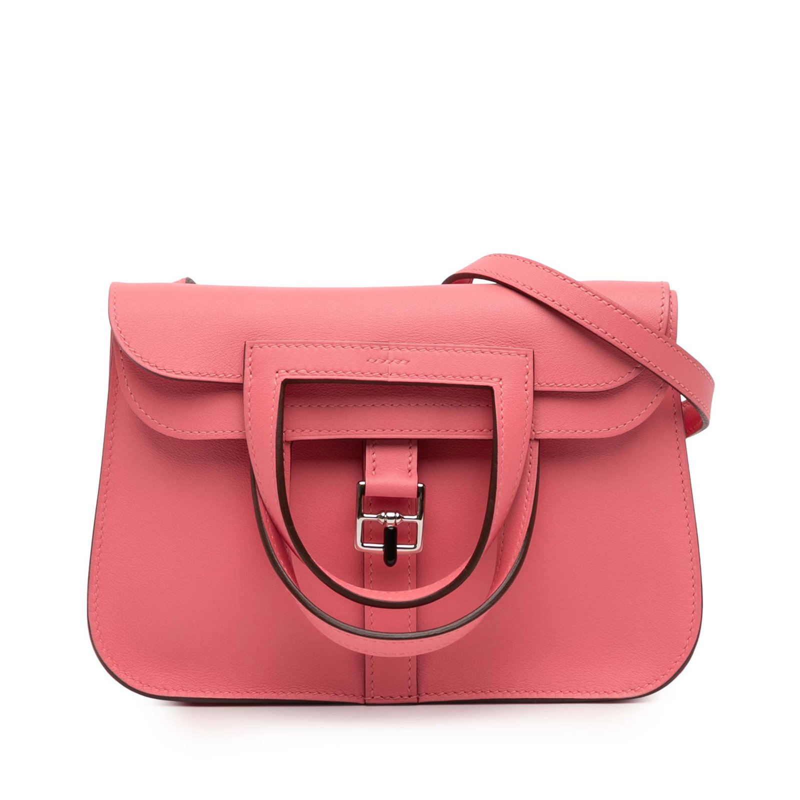 Hermes Mini Halzan 22 Rose Azalee Swift Leather Shoulder Bag: Hermes Mini Halzan 22 Rose Azalee Swift Leather Shoulder Bag This Hermes Mini Swift Halzan 22 features a Rose Azalee swift leather body with flat leather handles and a detachable flat leather shoulder