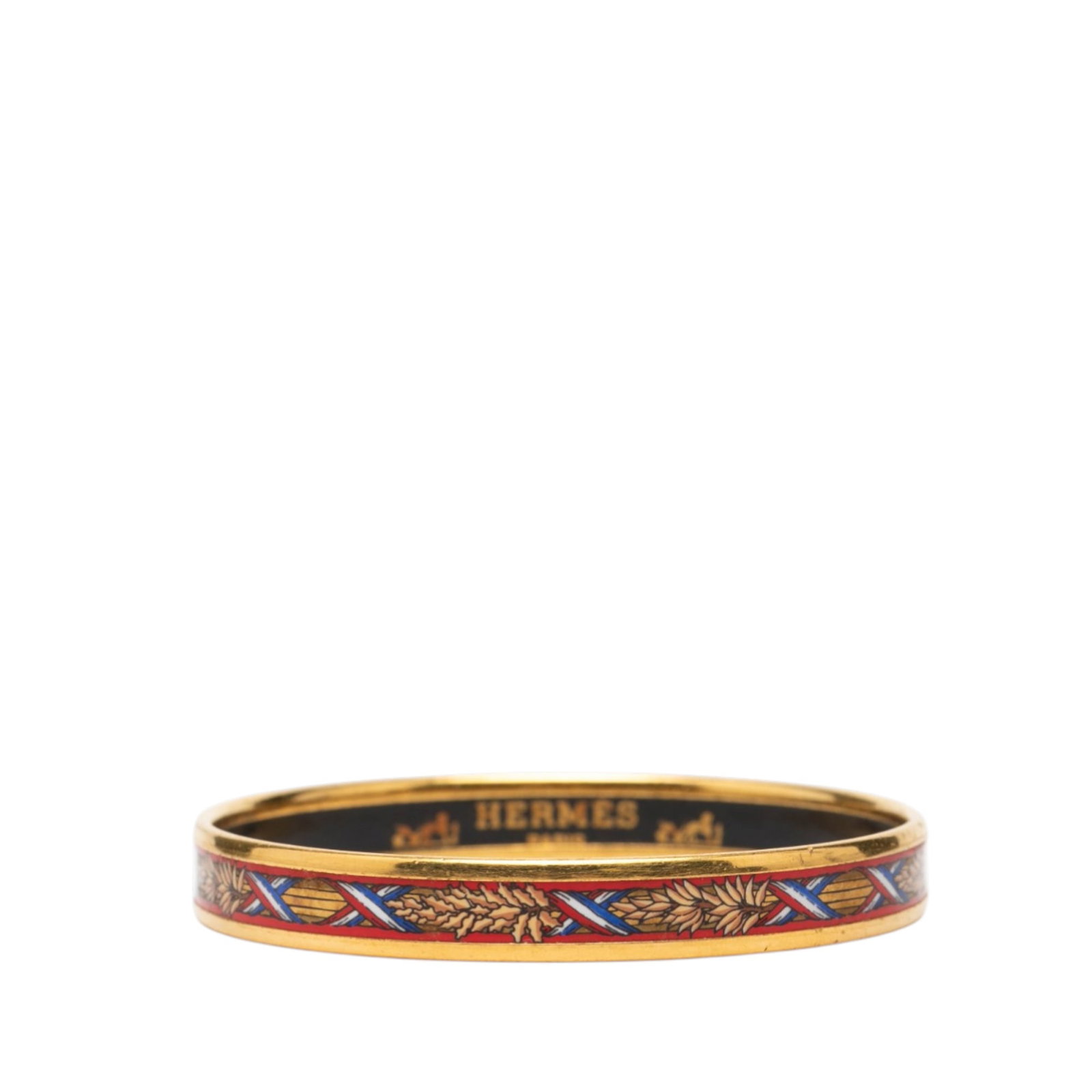 Hermes Red Printed Enamel Gold Tone Bangle Liberte Egalite Fraternite 65: Hermes Red Printed Enamel Gold Tone Bangle Liberte Egalite Fraternite 65 This Hermes Narrow Liberte Egalite Fraternite enamel bangle features a printed enamel body with gold-tone metal accents. The br