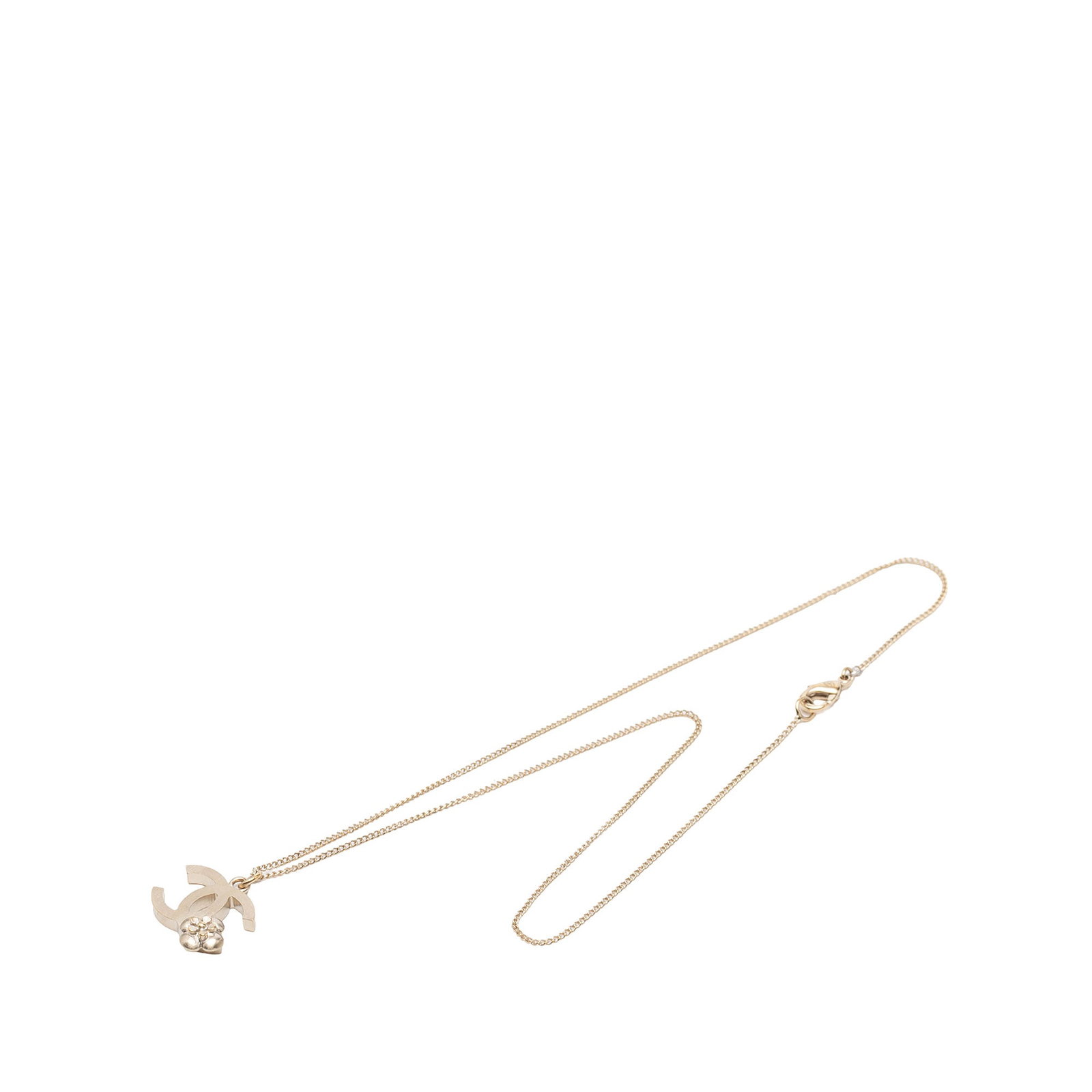 Chanel CC Camellia Pendant Necklace Gold Plated Metal: Chanel CC Camellia Pendant Necklace Gold Plated Metal Chanel CC Camellia pendant necklace in gold plated metal with a lobster clasp closure. This costume jewelry piece is made in Italy and shows scrat